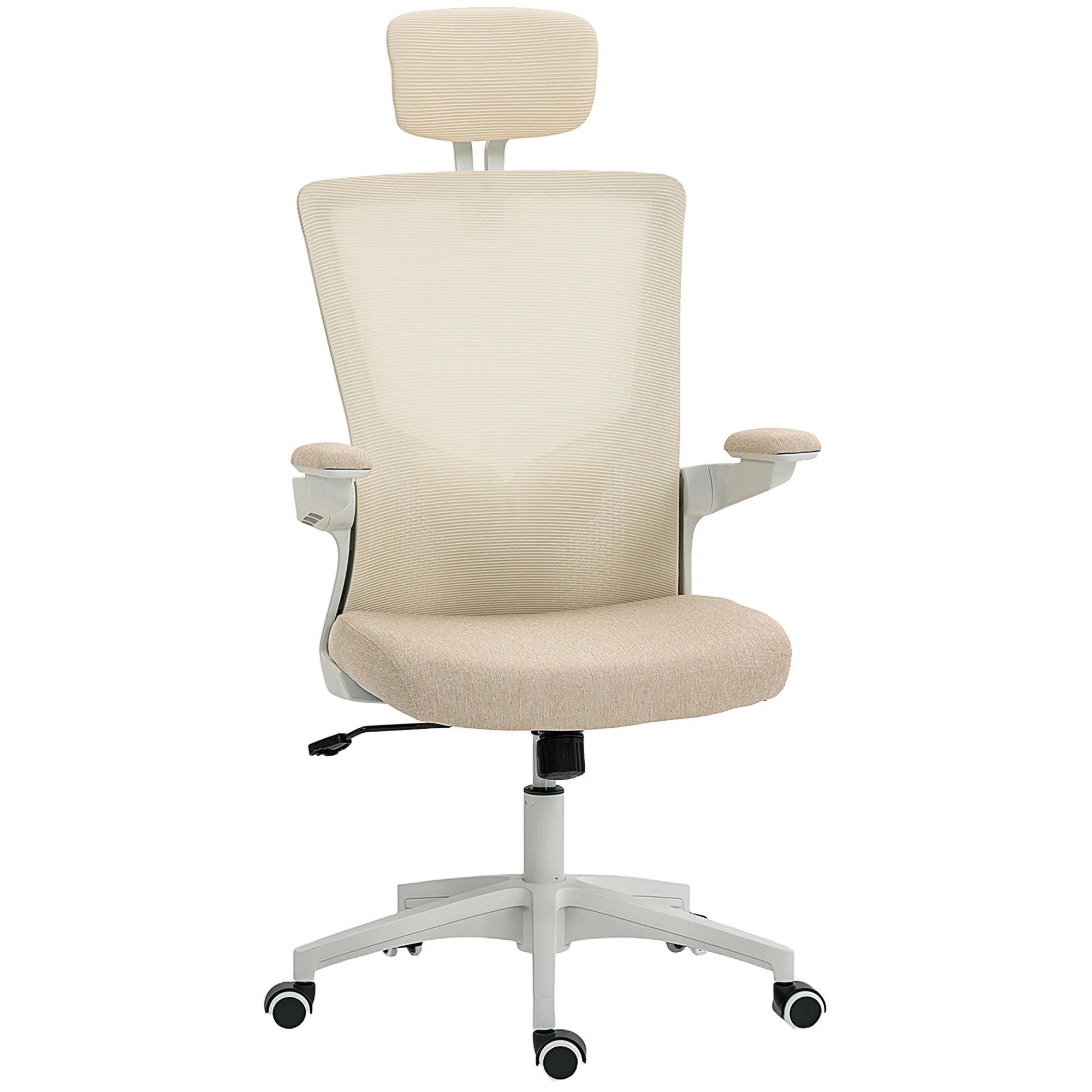 Chaise bureau ergonomique, fauteuil de bureau avec hauteur réglable, soutien lombaire, appui-tête, accoudoirs relevables, fonction bascule, pivotant à 360° et roulettes, beige - Image 12
