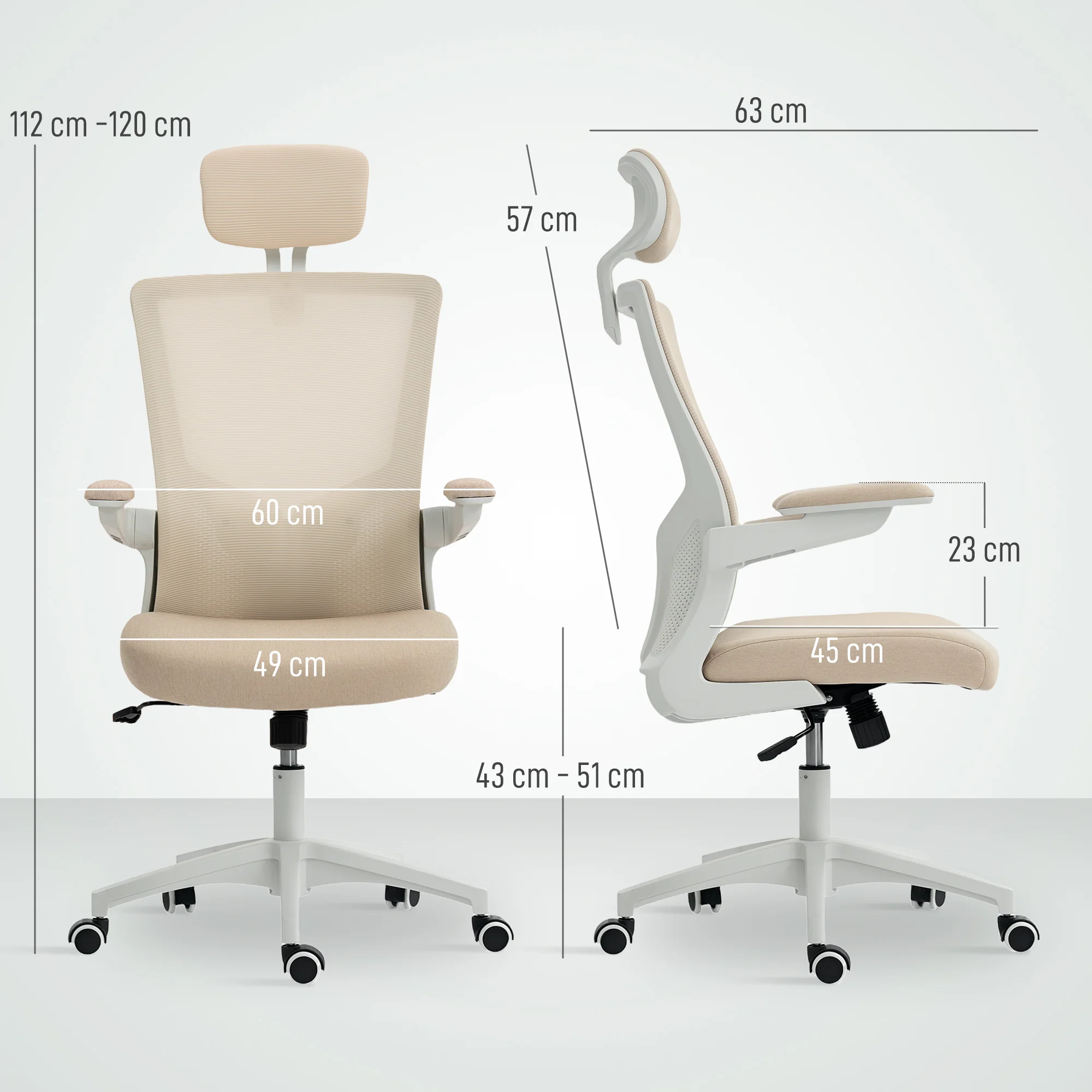 Chaise bureau ergonomique, fauteuil de bureau avec hauteur réglable, soutien lombaire, appui-tête, accoudoirs relevables, fonction bascule, pivotant à 360° et roulettes, beige - Image 4