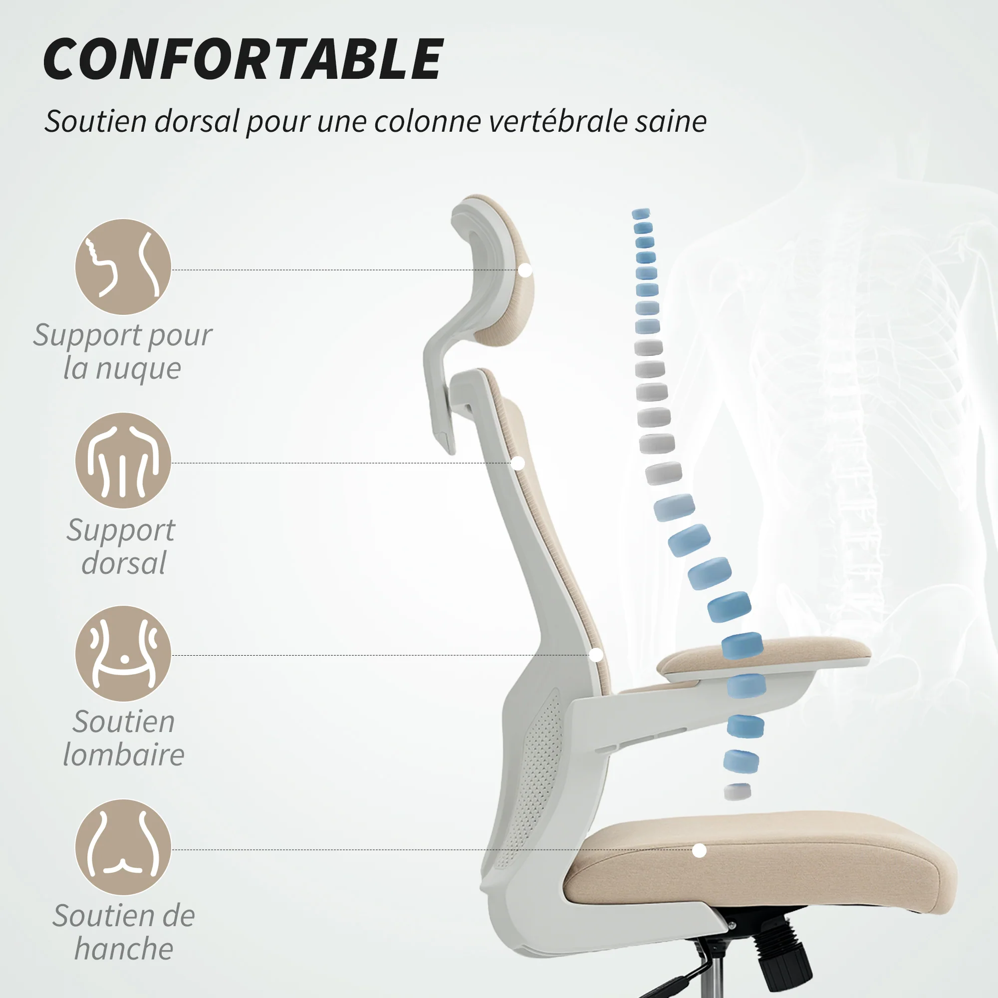 Chaise bureau ergonomique, fauteuil de bureau avec hauteur réglable, soutien lombaire, appui-tête, accoudoirs relevables, fonction bascule, pivotant à 360° et roulettes, beige - Image 5