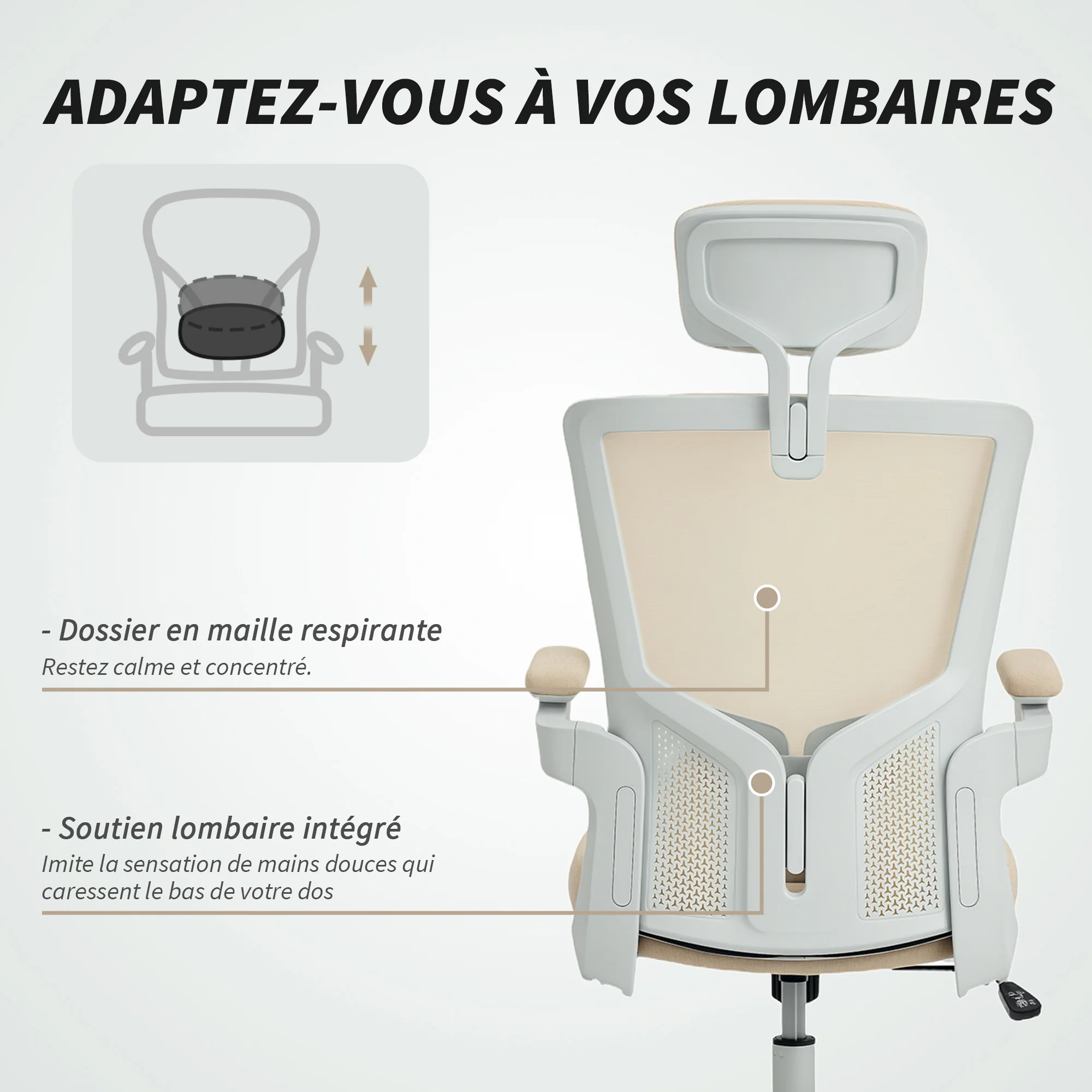 Chaise bureau ergonomique, fauteuil de bureau avec hauteur réglable, soutien lombaire, appui-tête, accoudoirs relevables, fonction bascule, pivotant à 360° et roulettes, beige - Image 6