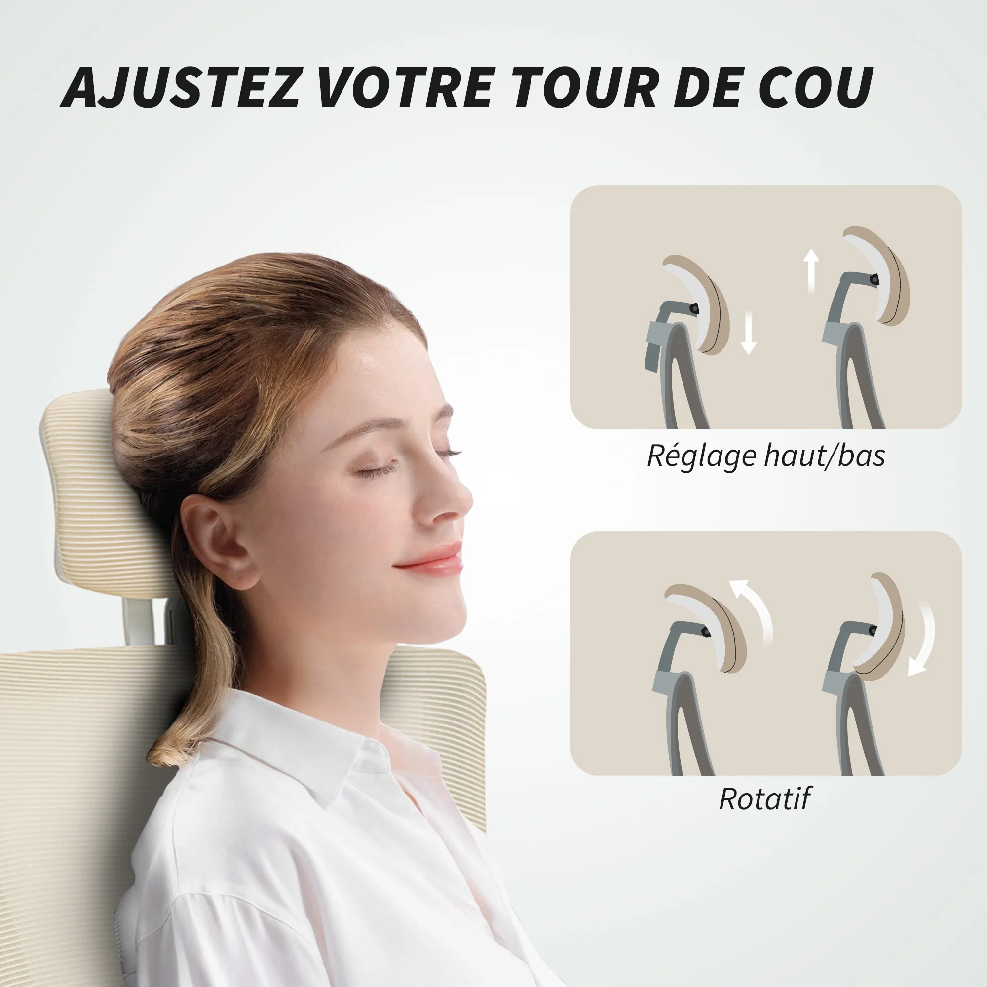 Chaise bureau ergonomique, fauteuil de bureau avec hauteur réglable, soutien lombaire, appui-tête, accoudoirs relevables, fonction bascule, pivotant à 360° et roulettes, beige - Image 7