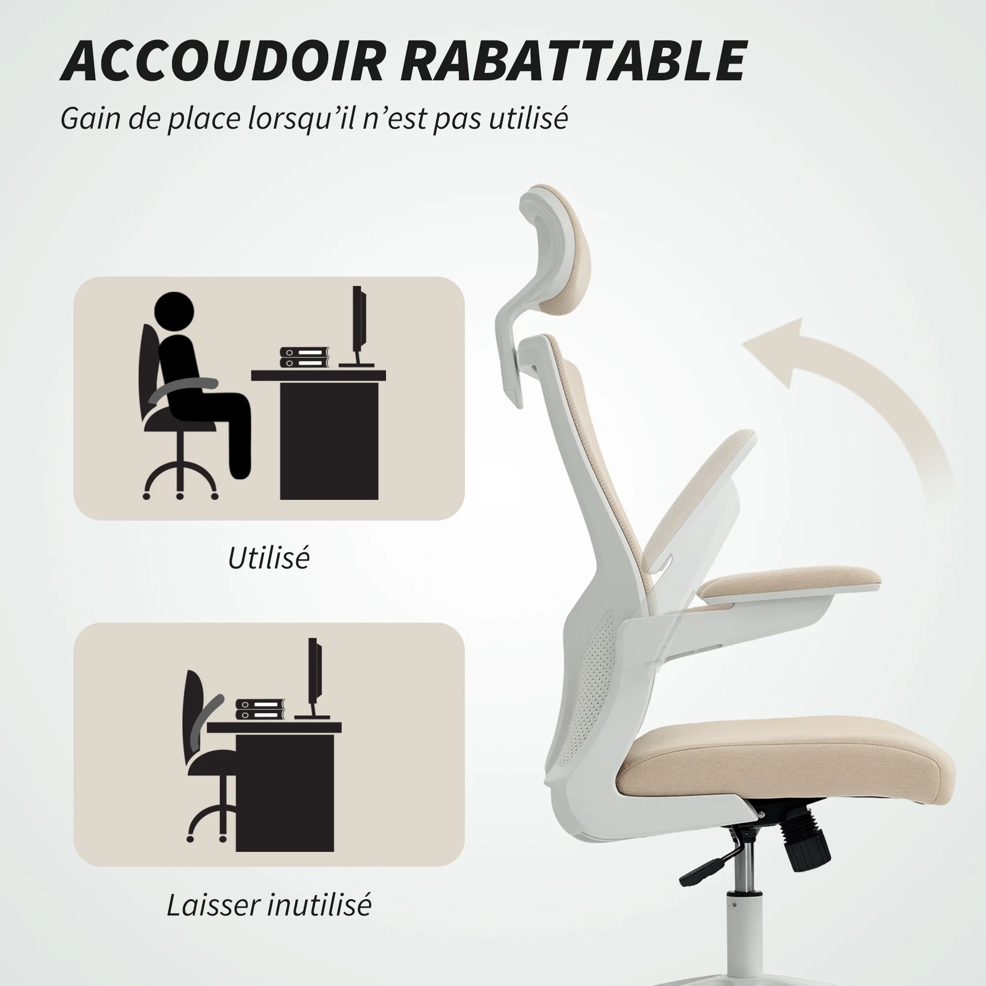 Chaise bureau ergonomique, fauteuil de bureau avec hauteur réglable, soutien lombaire, appui-tête, accoudoirs relevables, fonction bascule, pivotant à 360° et roulettes, beige - Image 8