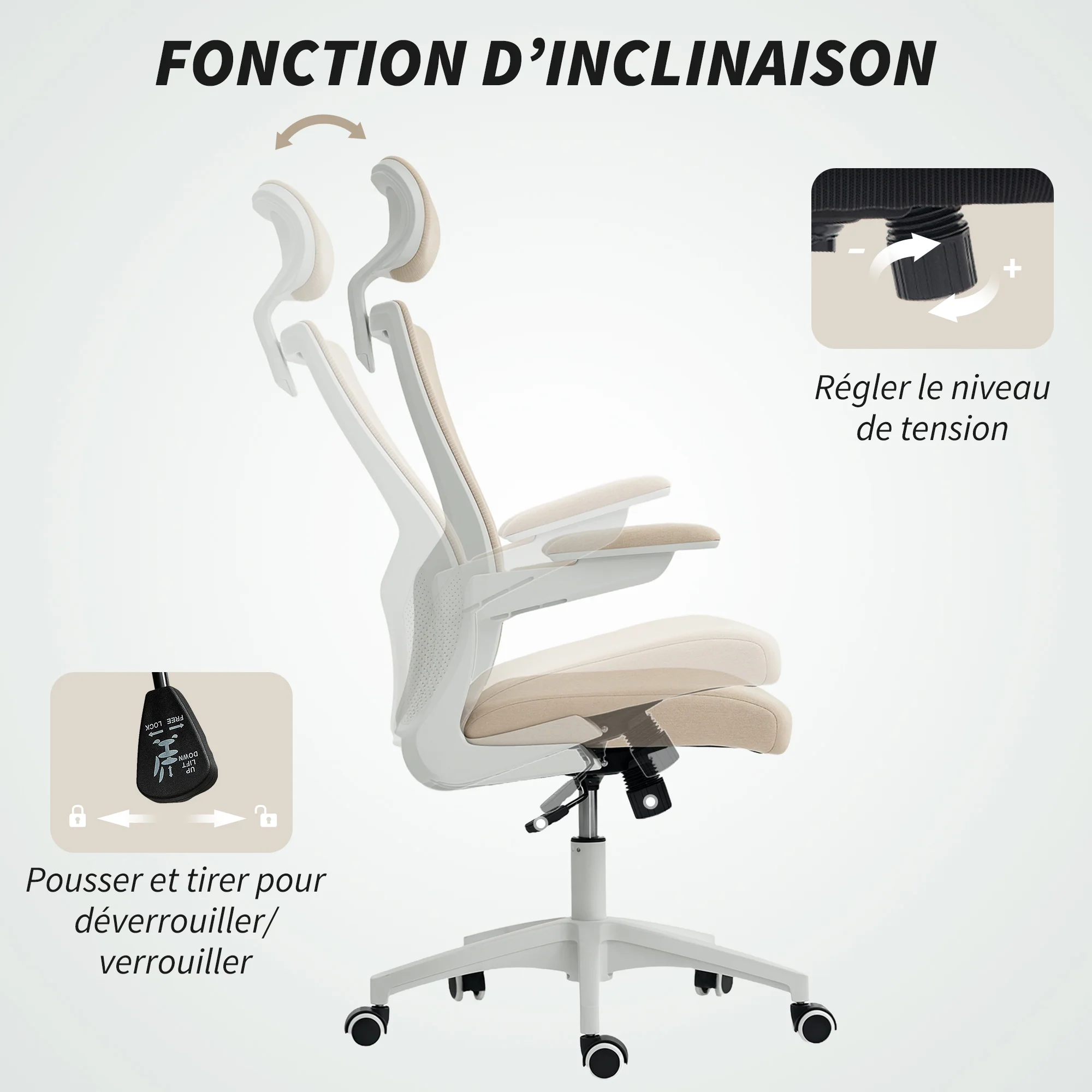 Chaise bureau ergonomique, fauteuil de bureau avec hauteur réglable, soutien lombaire, appui-tête, accoudoirs relevables, fonction bascule, pivotant à 360° et roulettes, beige - Image 9
