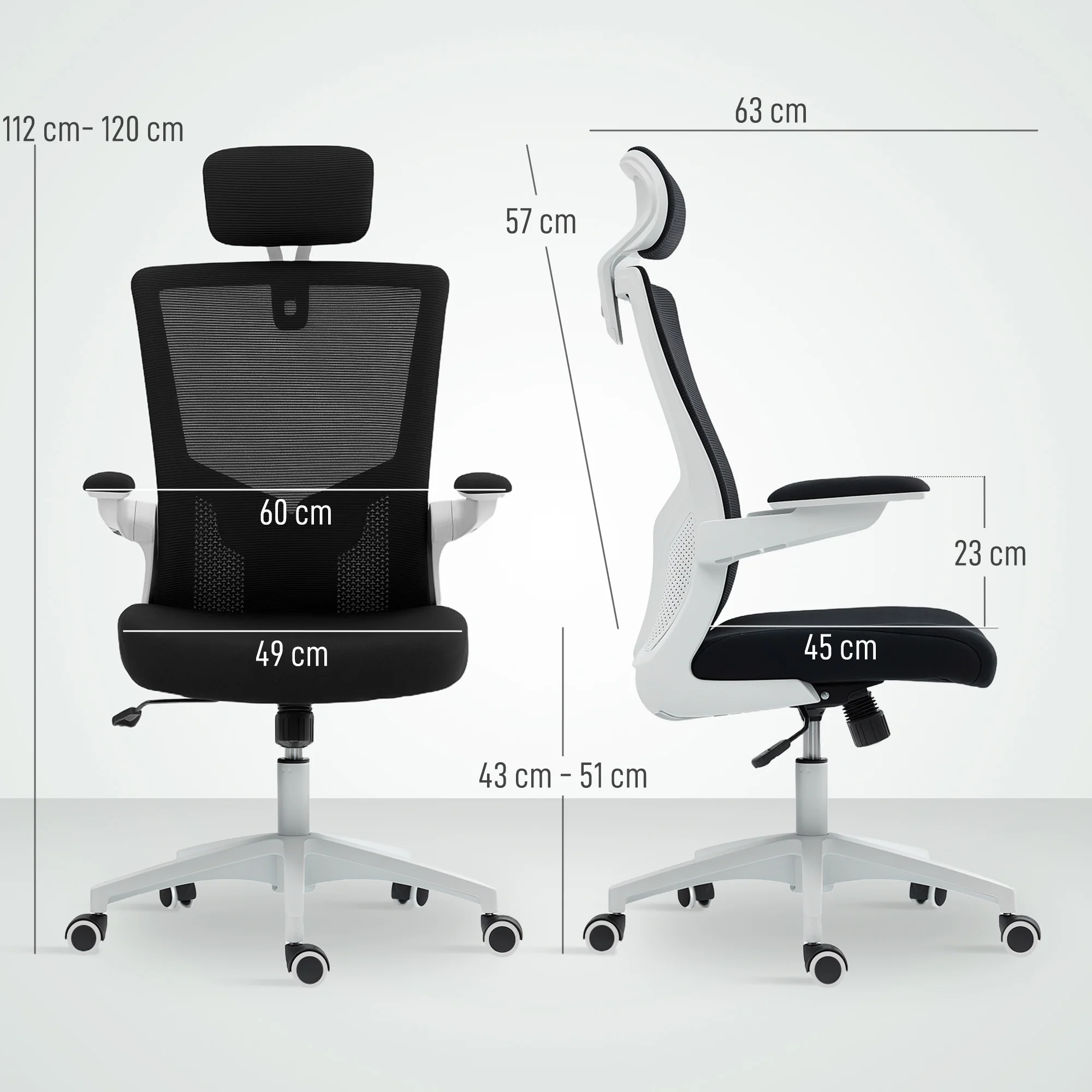 Chaise bureau ergonomique, fauteuil de bureau avec hauteur réglable, soutien lombaire, appui-tête, accoudoirs relevables, fonction bascule, pivotant à 360° et roulettes, noir - Image 4