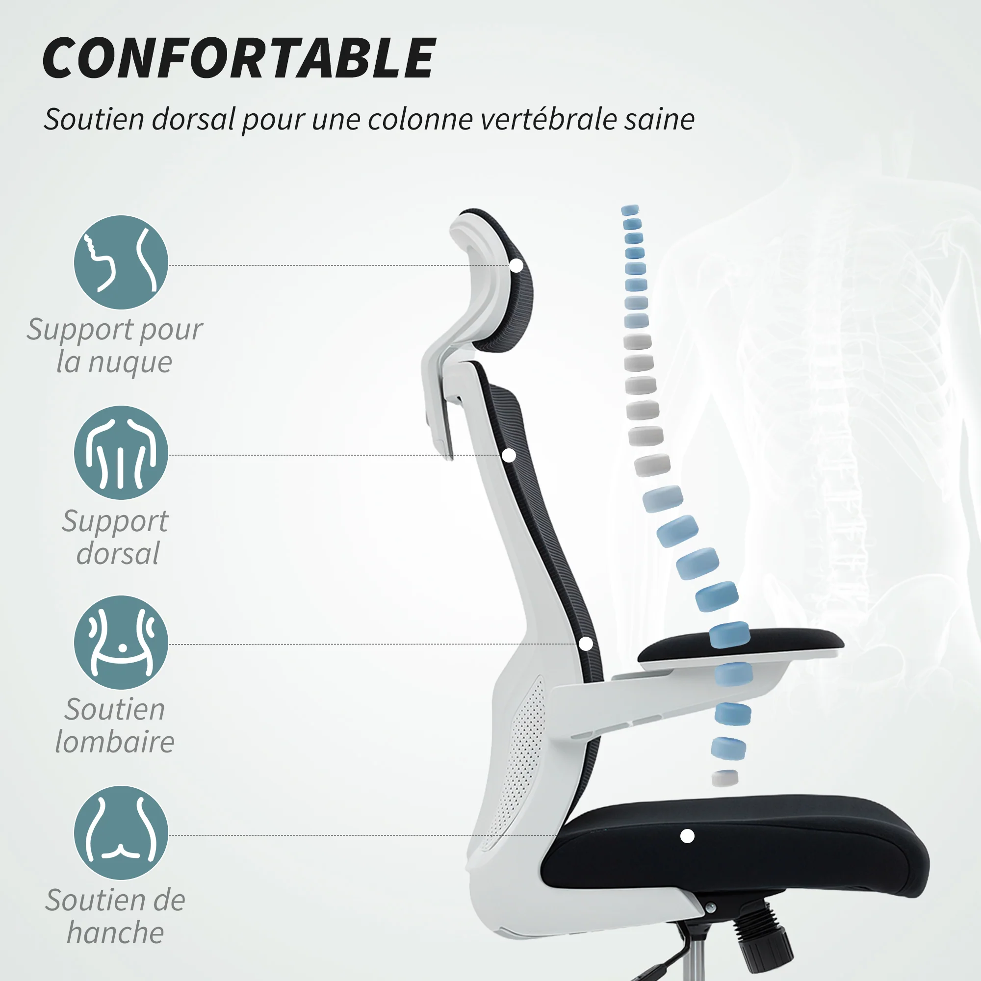 Chaise bureau ergonomique, fauteuil de bureau avec hauteur réglable, soutien lombaire, appui-tête, accoudoirs relevables, fonction bascule, pivotant à 360° et roulettes, noir - Image 5
