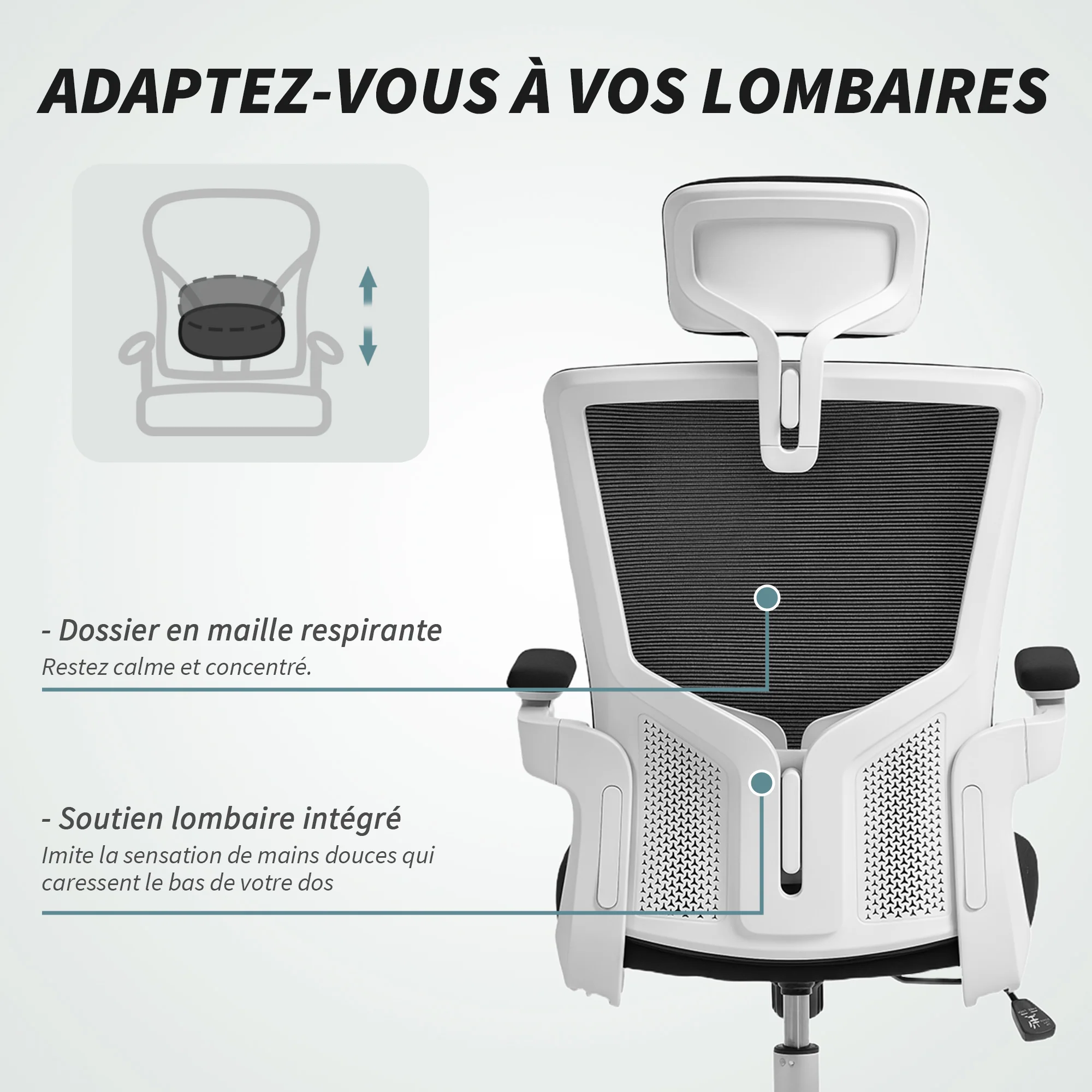 Chaise bureau ergonomique, fauteuil de bureau avec hauteur réglable, soutien lombaire, appui-tête, accoudoirs relevables, fonction bascule, pivotant à 360° et roulettes, noir - Image 6