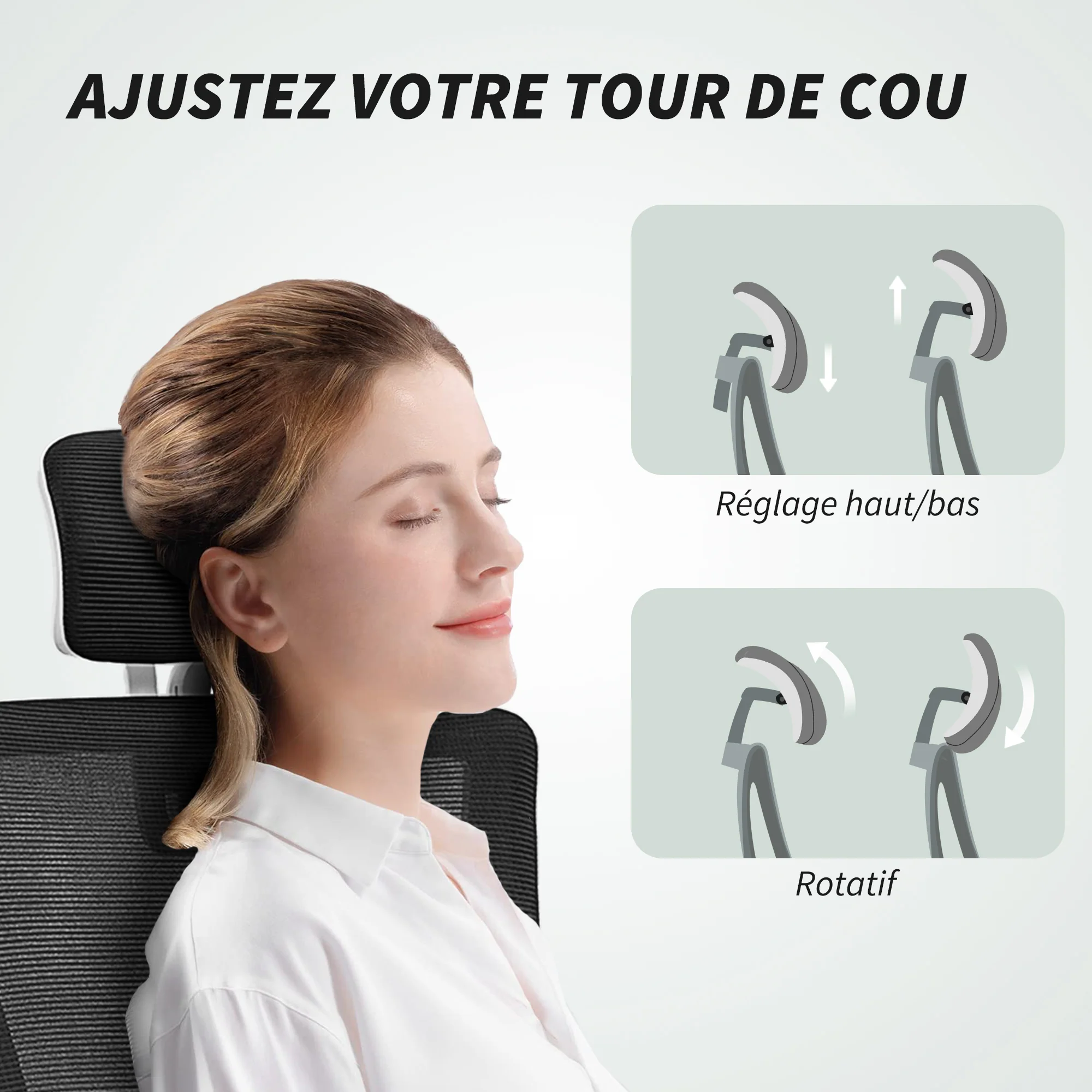 Chaise bureau ergonomique, fauteuil de bureau avec hauteur réglable, soutien lombaire, appui-tête, accoudoirs relevables, fonction bascule, pivotant à 360° et roulettes, noir - Image 7