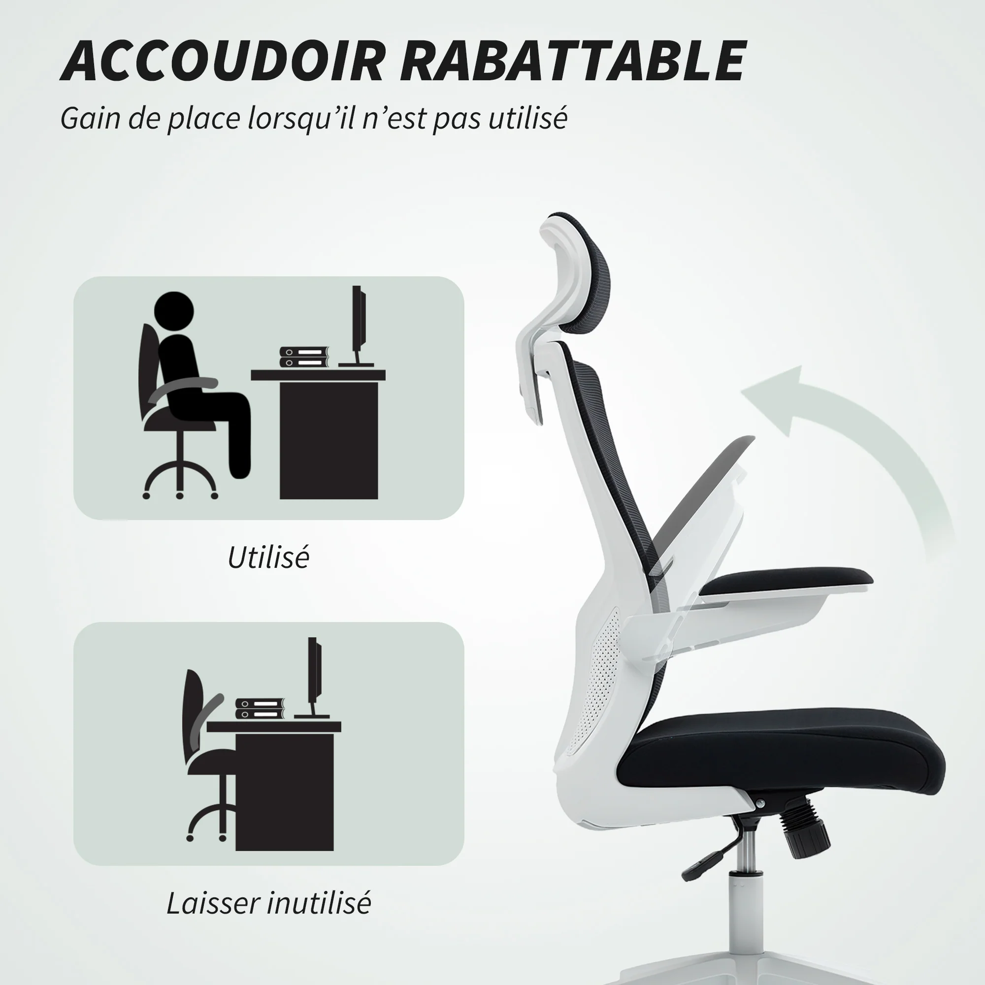 Chaise bureau ergonomique, fauteuil de bureau avec hauteur réglable, soutien lombaire, appui-tête, accoudoirs relevables, fonction bascule, pivotant à 360° et roulettes, noir - Image 8