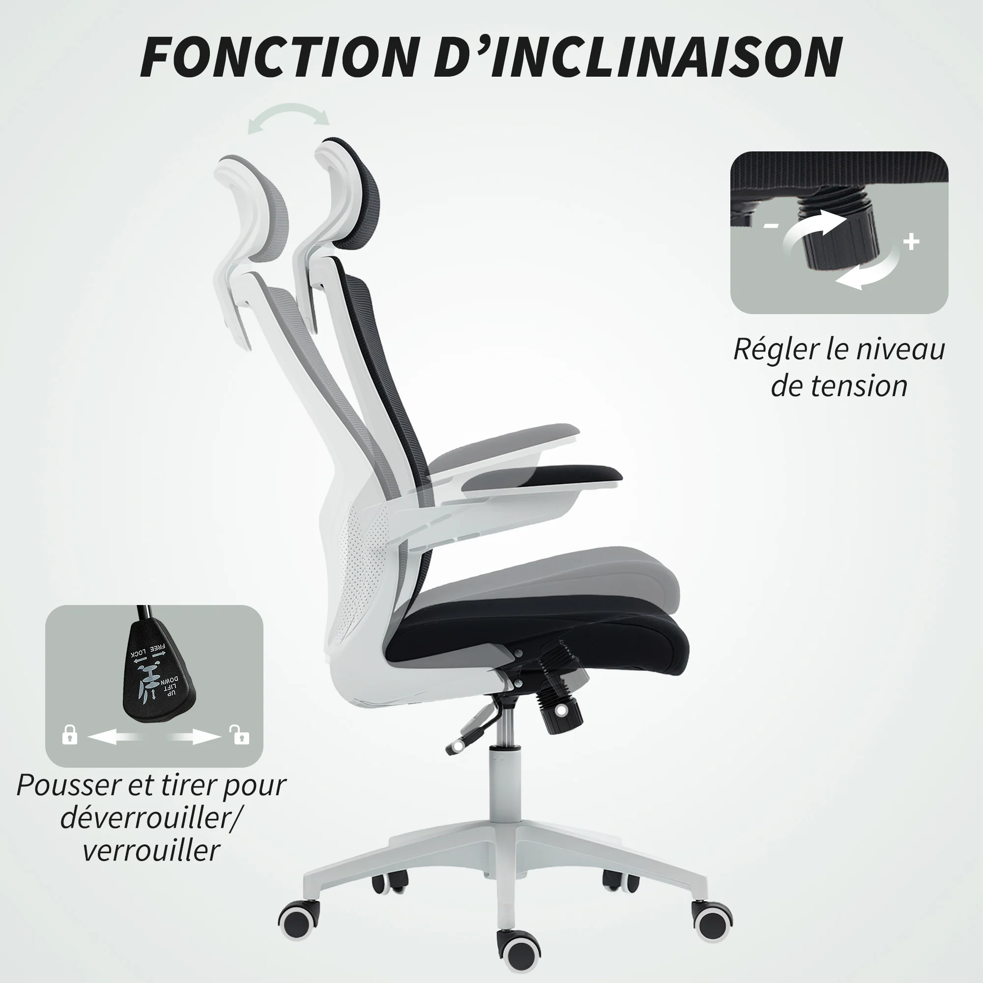 Chaise bureau ergonomique, fauteuil de bureau avec hauteur réglable, soutien lombaire, appui-tête, accoudoirs relevables, fonction bascule, pivotant à 360° et roulettes, noir - Image 9