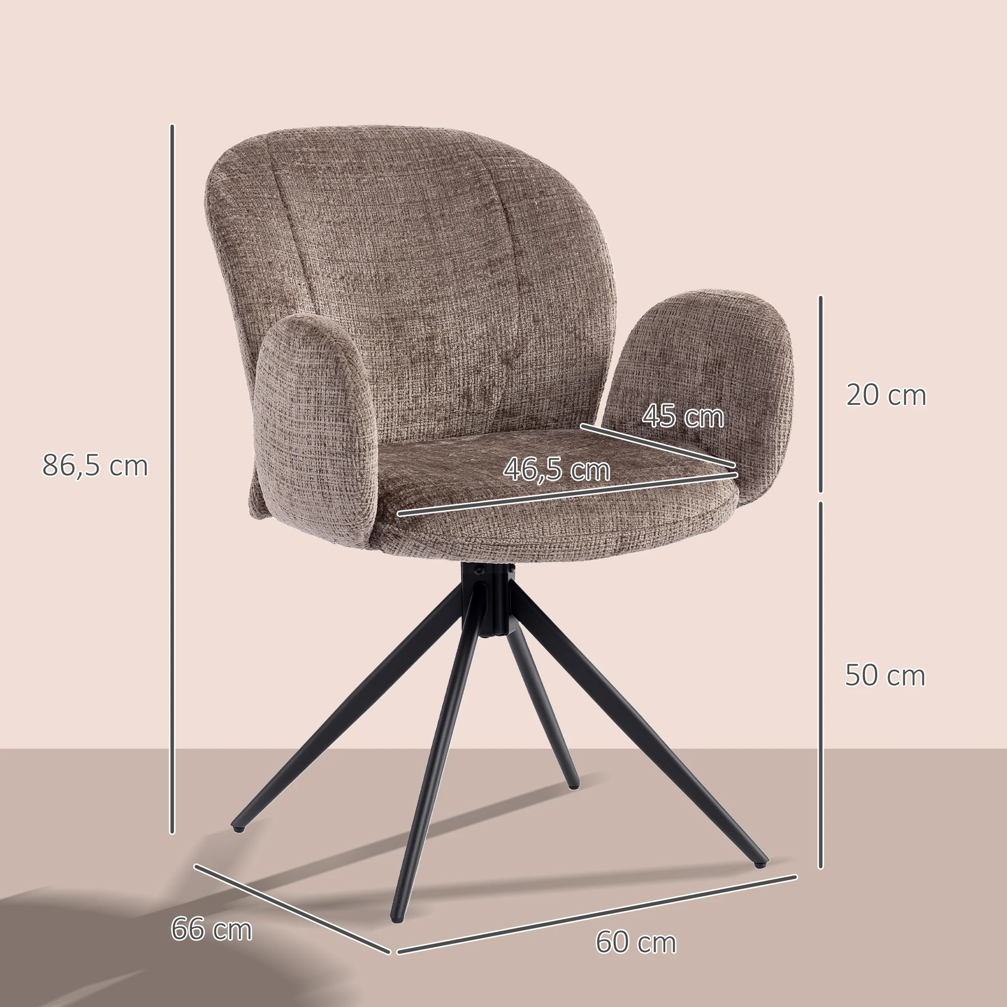 Chaise bureau ergonomique, fauteuil de bureau avec siège pivotant à retour automatique, dossier et accoudoirs rembourrés, tissu aspect lin, pour salon, chambre, télétravail, brun clair - Image 4