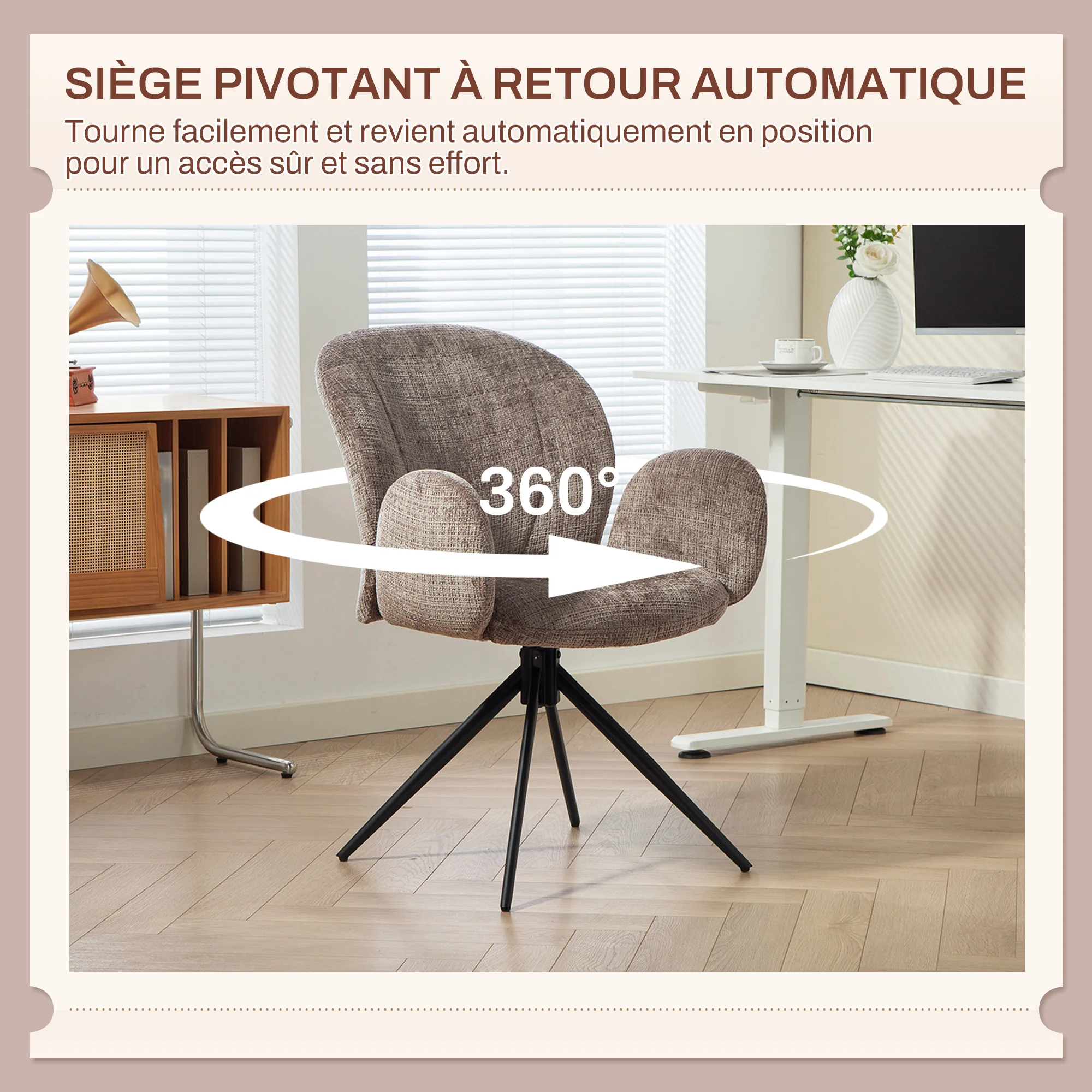 Chaise bureau ergonomique, fauteuil de bureau avec siège pivotant à retour automatique, dossier et accoudoirs rembourrés, tissu aspect lin, pour salon, chambre, télétravail, brun clair - Image 7