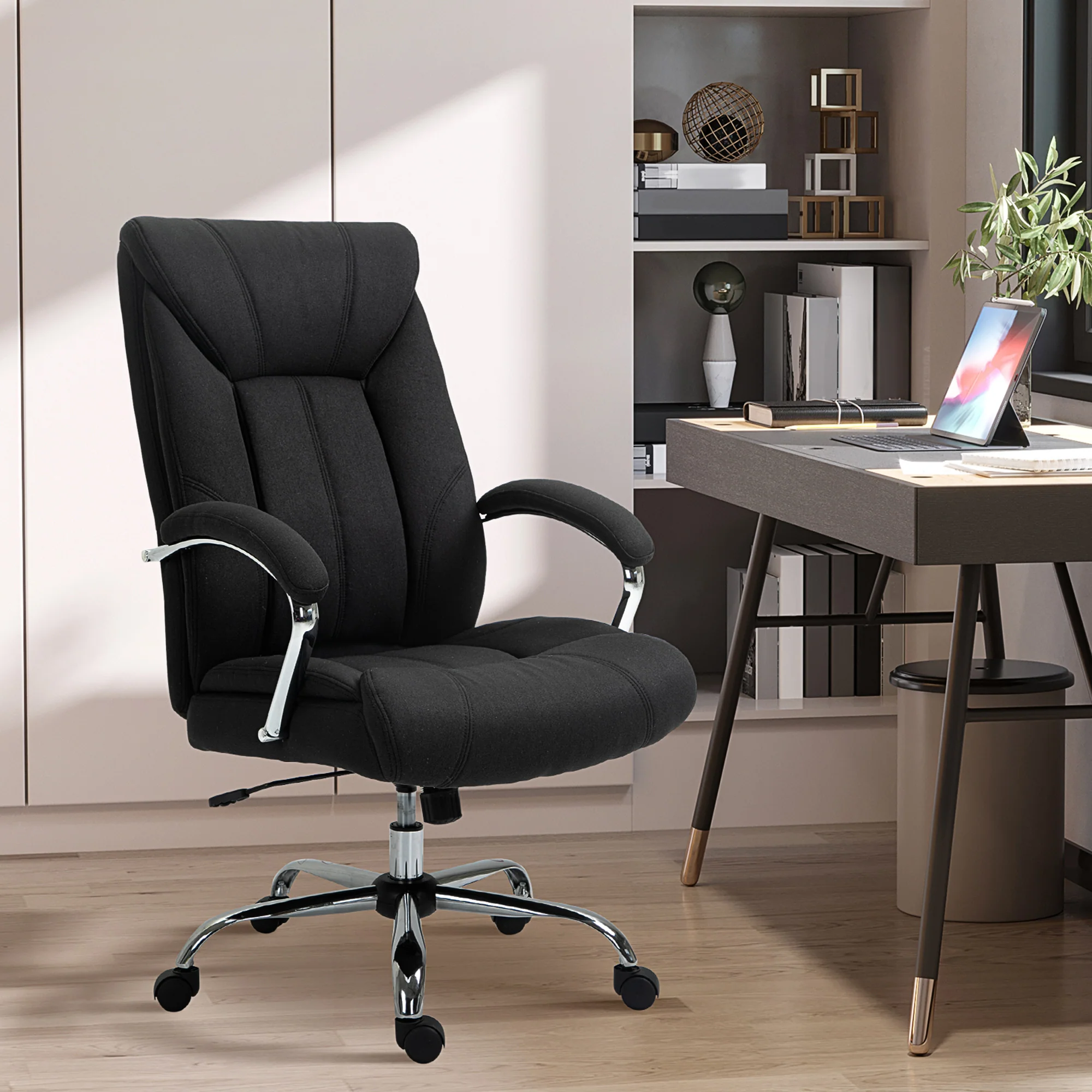 Chaise bureau ergonomique, fauteuil de bureau, hauteur réglable, dossier haut, fonction de bascule et pivotant à 360°, tissu en lin, pour chambre, télétravail, noir - Image 11