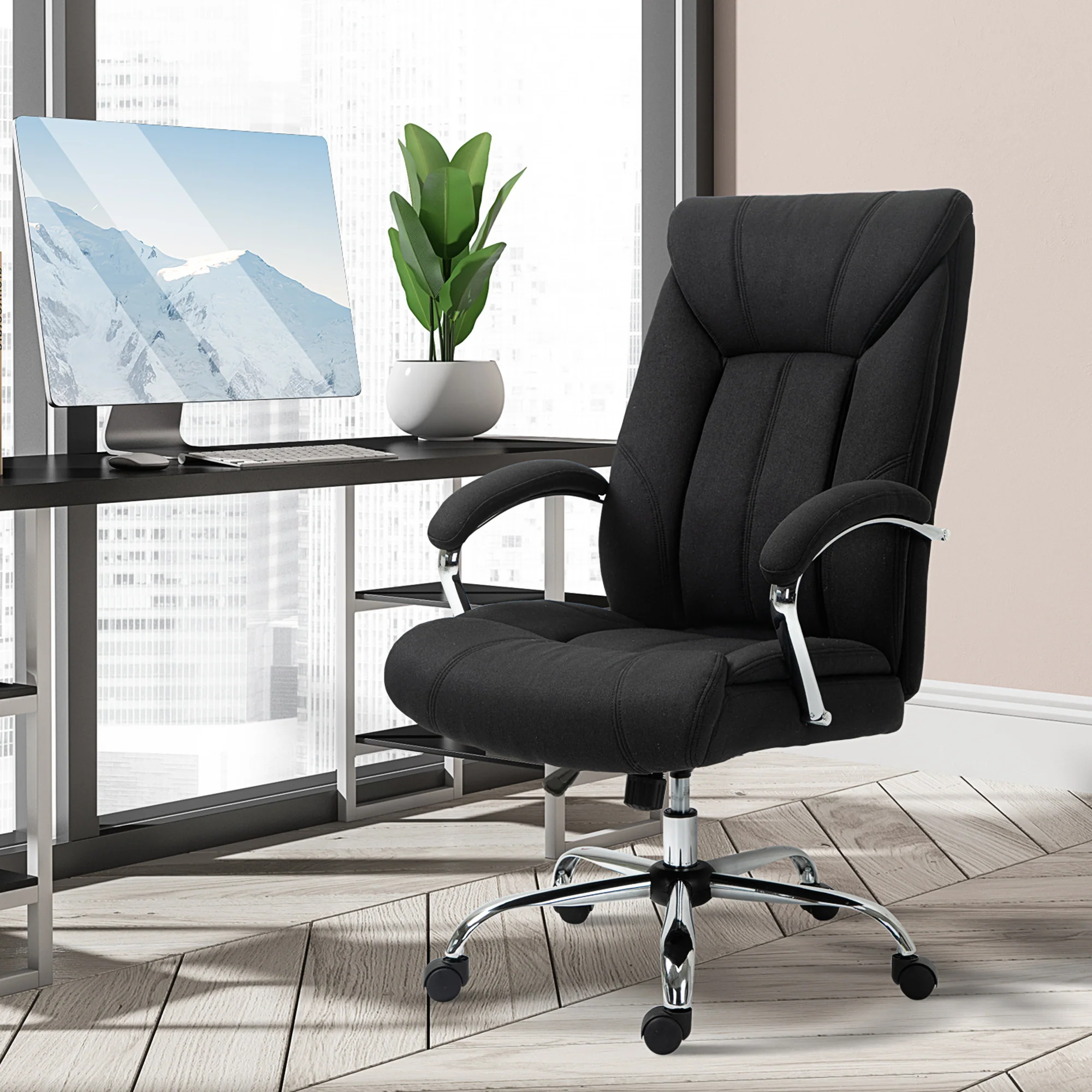 Chaise bureau ergonomique, fauteuil de bureau, hauteur réglable, dossier haut, fonction de bascule et pivotant à 360°, tissu en lin, pour chambre, télétravail, noir - Image 3