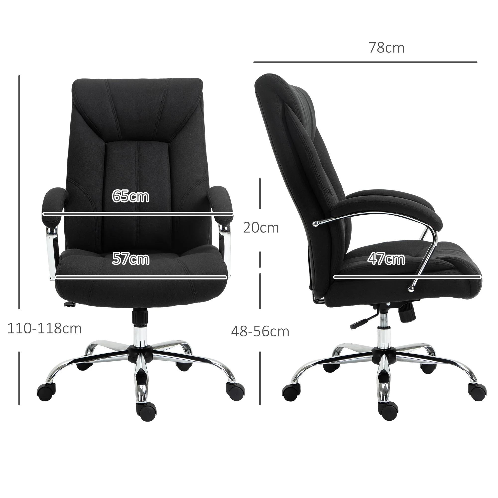 Chaise bureau ergonomique, fauteuil de bureau, hauteur réglable, dossier haut, fonction de bascule et pivotant à 360°, tissu en lin, pour chambre, télétravail, noir - Image 4