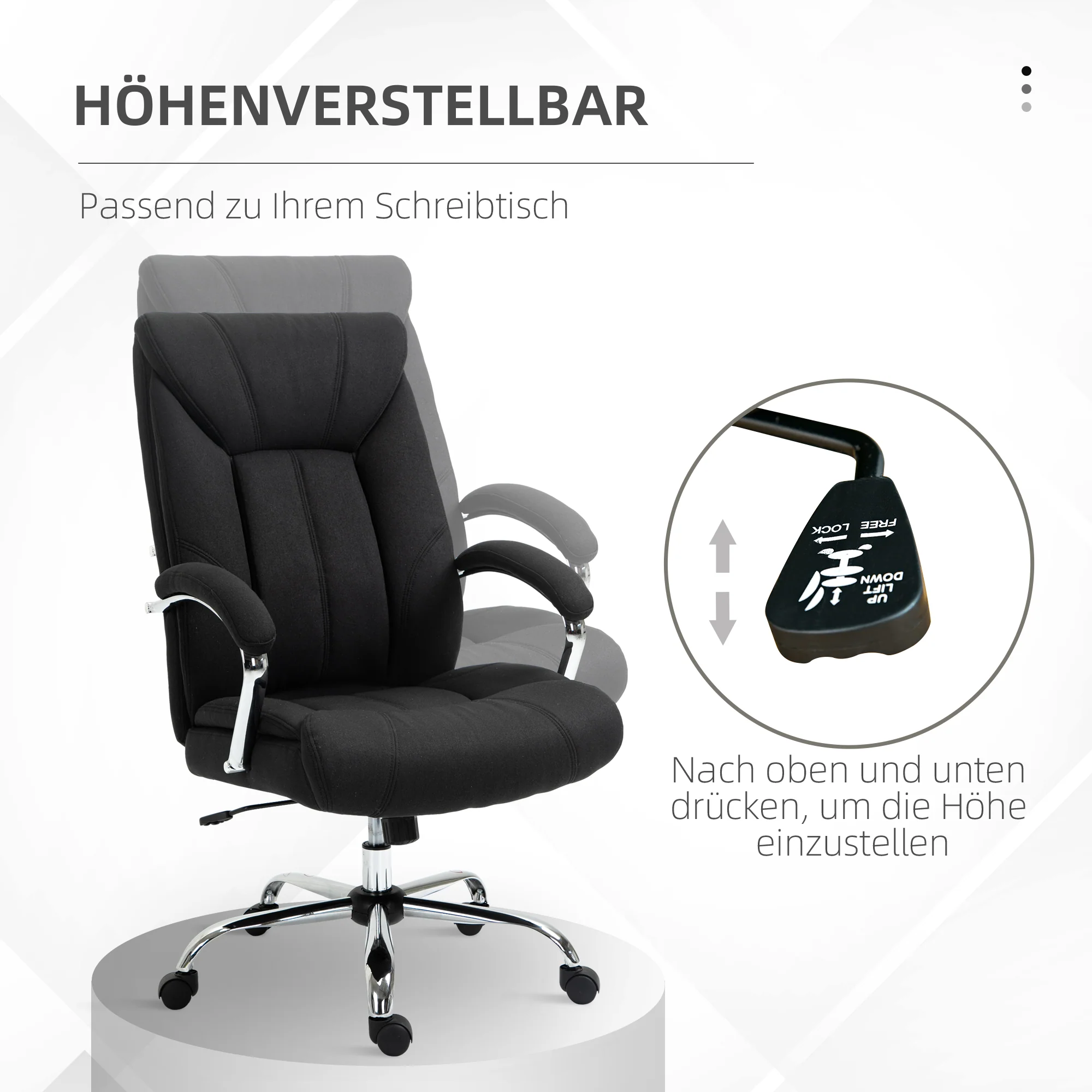 Chaise bureau ergonomique, fauteuil de bureau, hauteur réglable, dossier haut, fonction de bascule et pivotant à 360°, tissu en lin, pour chambre, télétravail, noir - Image 5