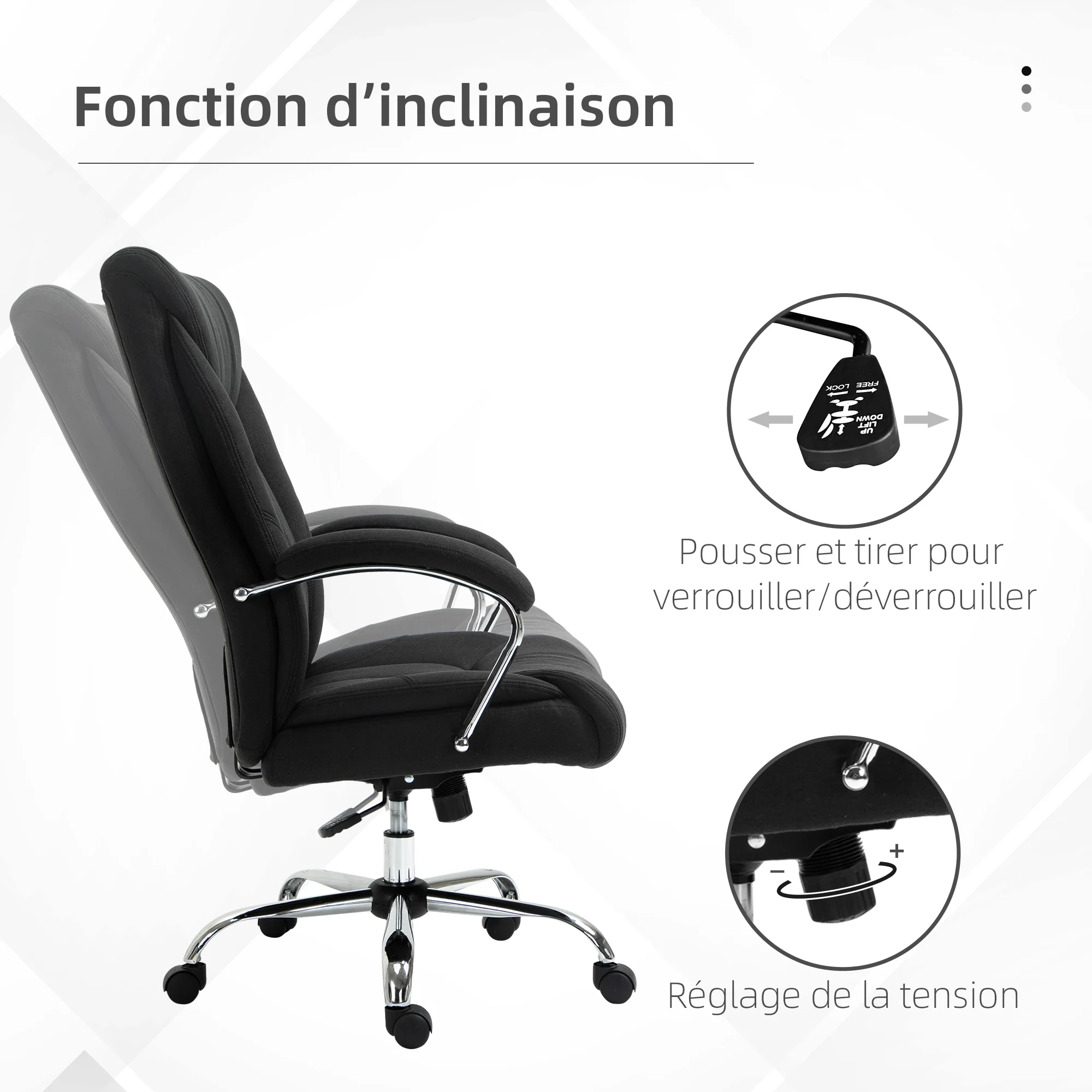 Chaise bureau ergonomique, fauteuil de bureau, hauteur réglable, dossier haut, fonction de bascule et pivotant à 360°, tissu en lin, pour chambre, télétravail, noir - Image 6