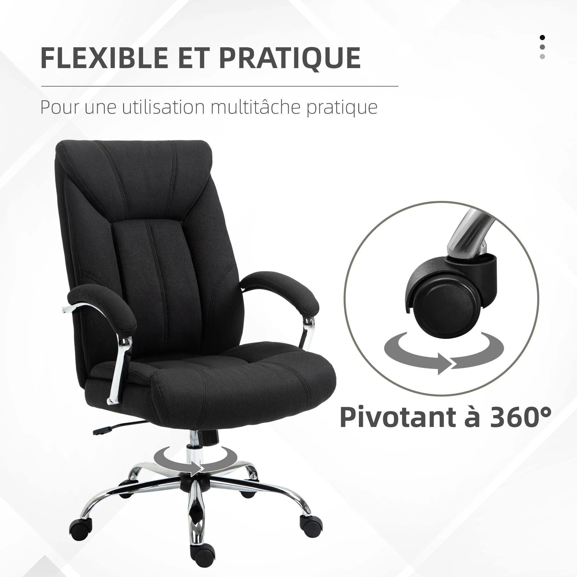Chaise bureau ergonomique, fauteuil de bureau, hauteur réglable, dossier haut, fonction de bascule et pivotant à 360°, tissu en lin, pour chambre, télétravail, noir - Image 7