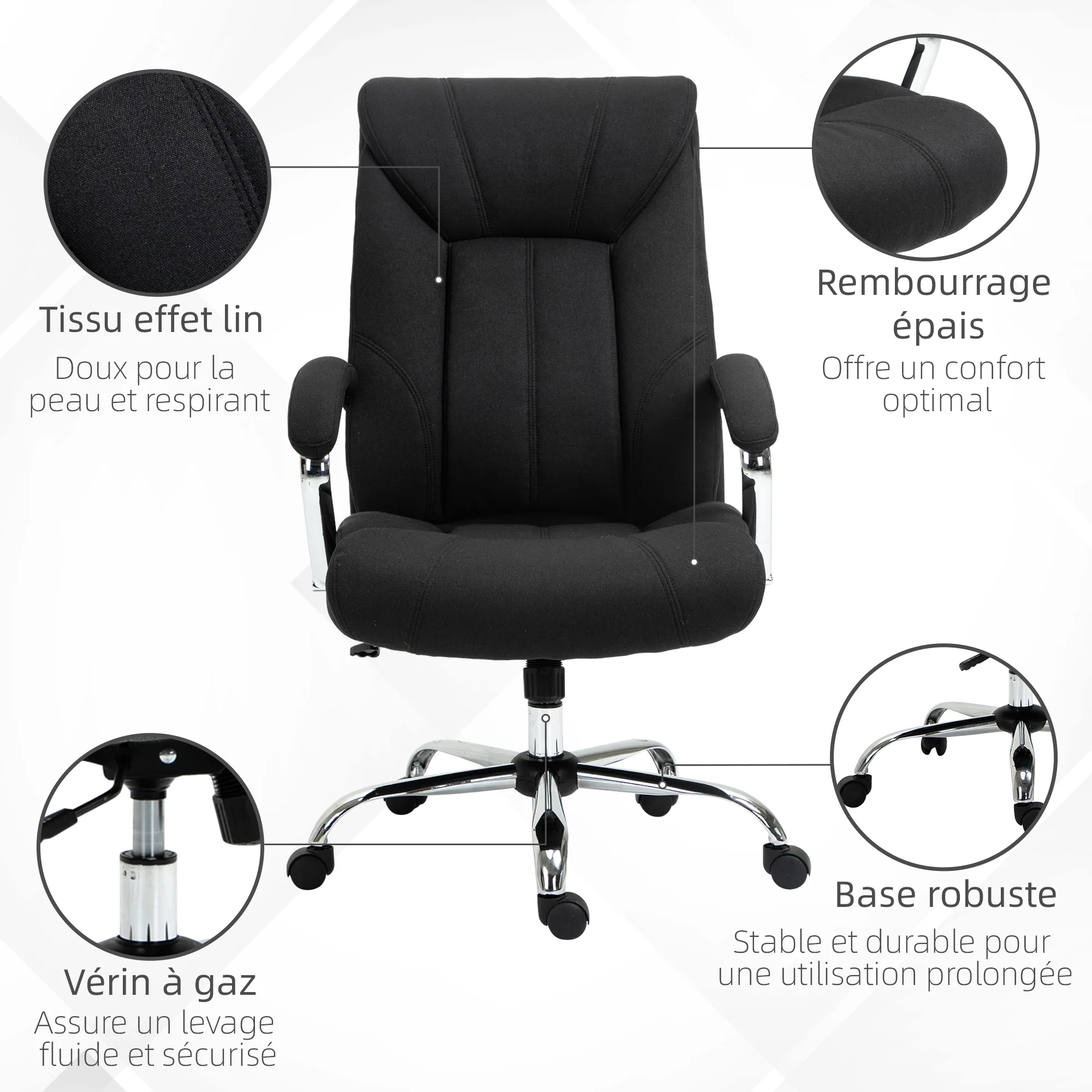 Chaise bureau ergonomique, fauteuil de bureau, hauteur réglable, dossier haut, fonction de bascule et pivotant à 360°, tissu en lin, pour chambre, télétravail, noir - Image 8