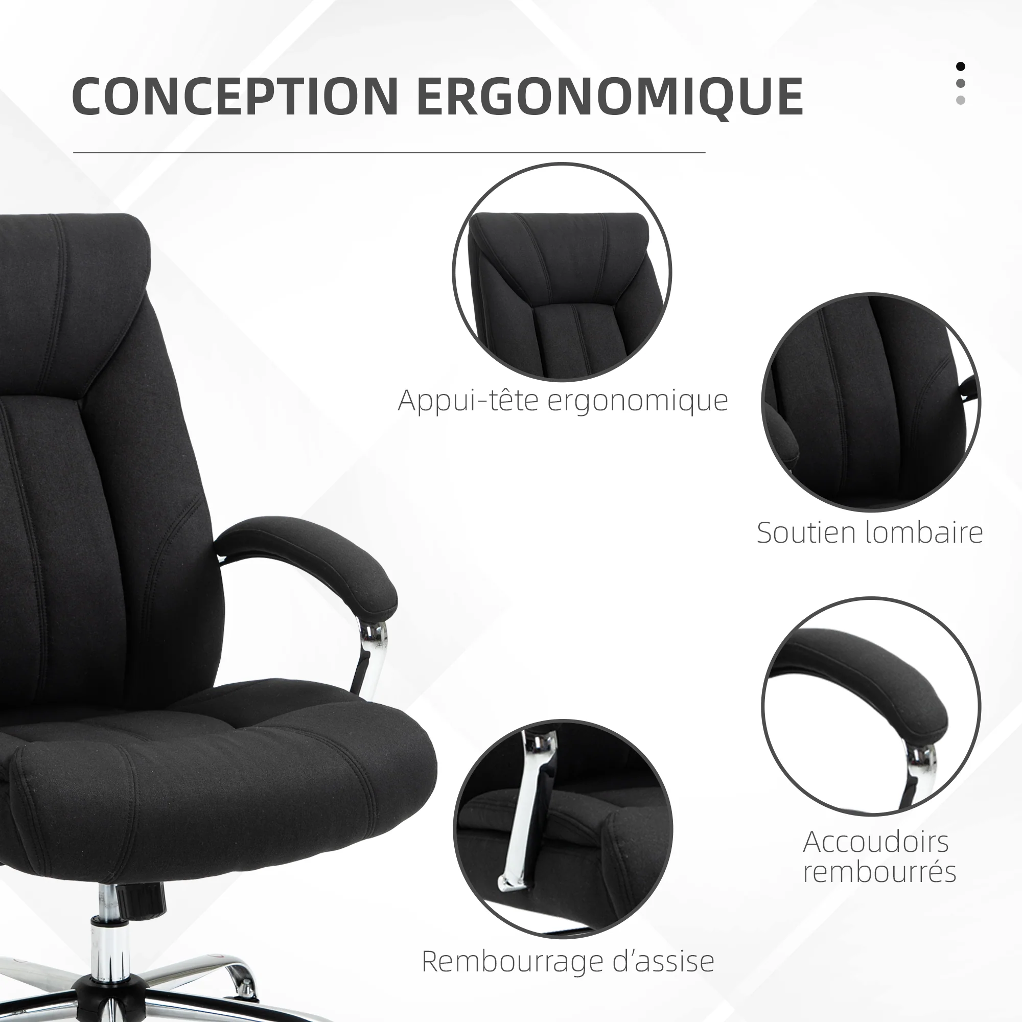 Chaise bureau ergonomique, fauteuil de bureau, hauteur réglable, dossier haut, fonction de bascule et pivotant à 360°, tissu en lin, pour chambre, télétravail, noir - Image 9