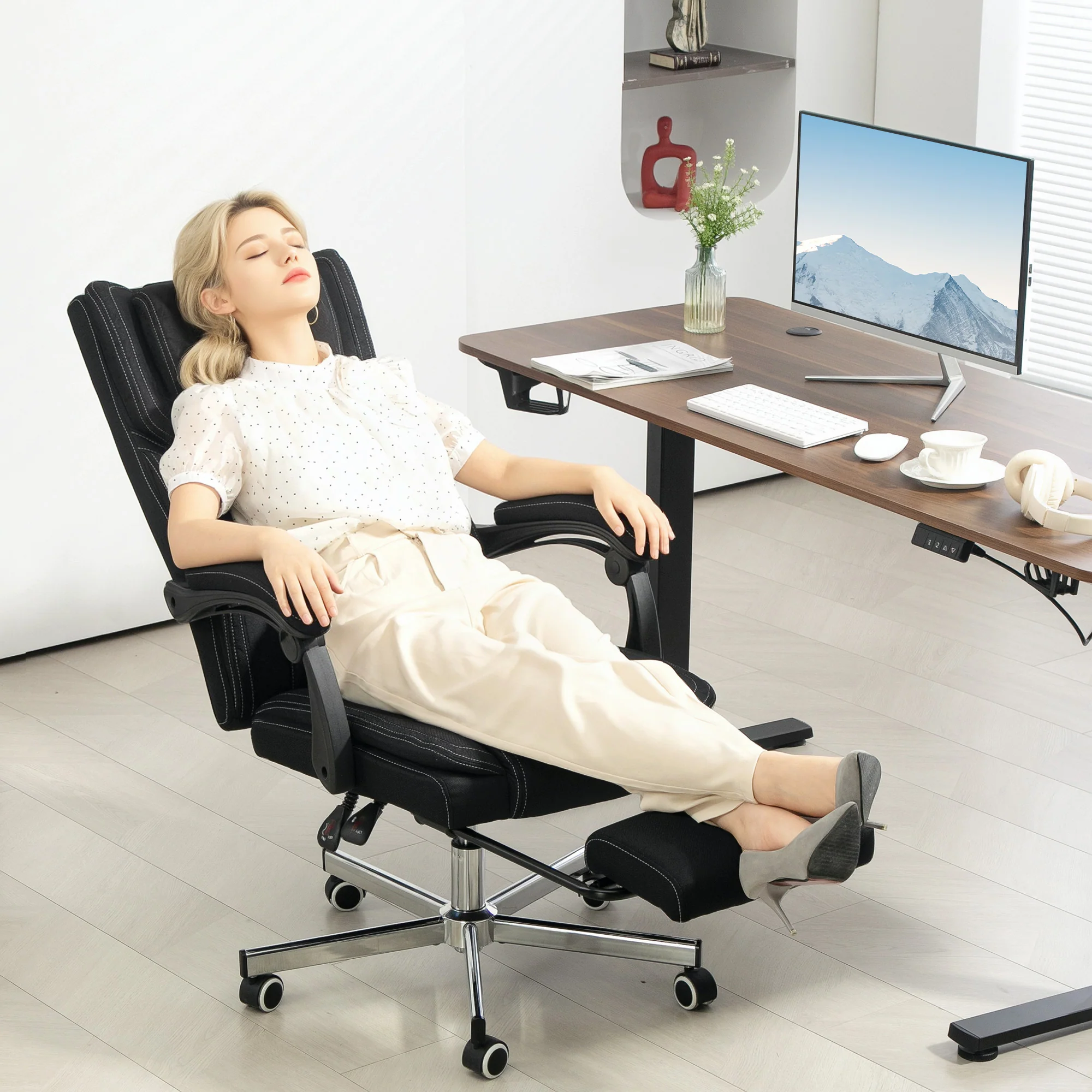 Chaise bureau fauteuil de bureau chaise ergonomique hauteur réglable dossier inclinable accoudoirs repose-pieds et appui-tête siège de bureau à roulettes pivotantes 65x61x105-113cm noir - Image 3