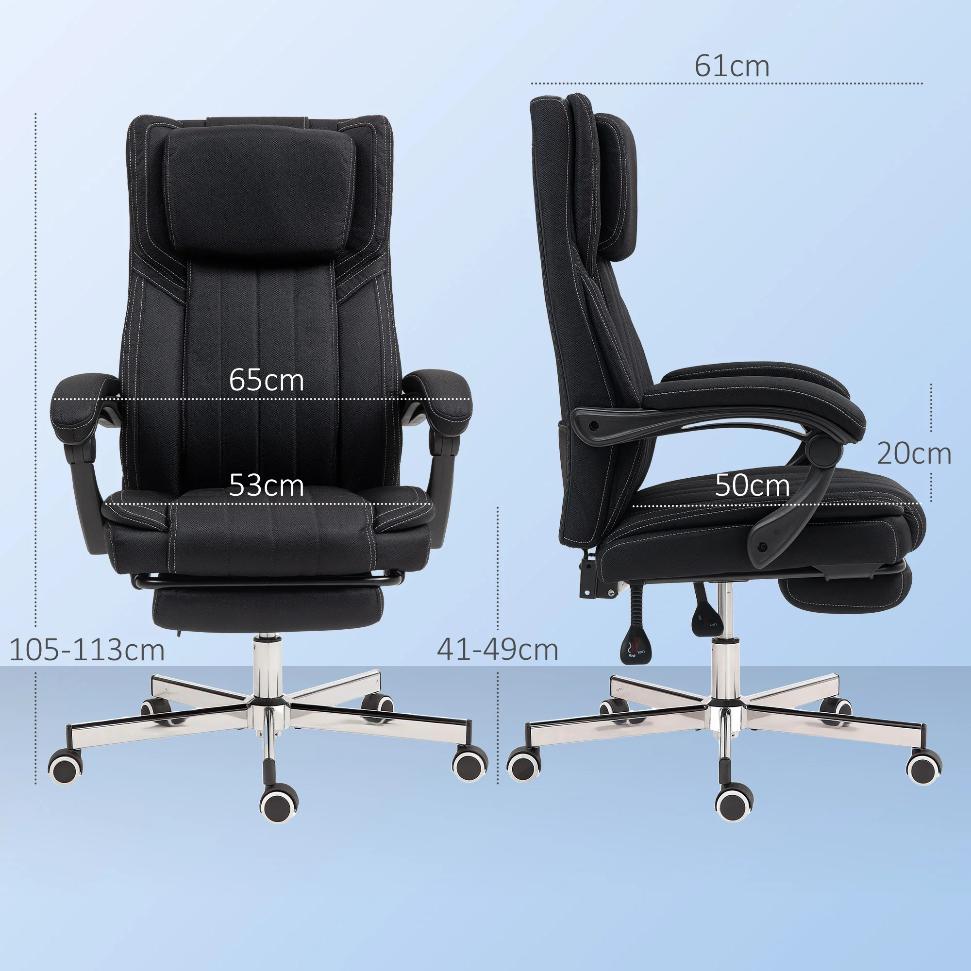 Chaise bureau fauteuil de bureau chaise ergonomique hauteur réglable dossier inclinable accoudoirs repose-pieds et appui-tête siège de bureau à roulettes pivotantes 65x61x105-113cm noir - Image 4