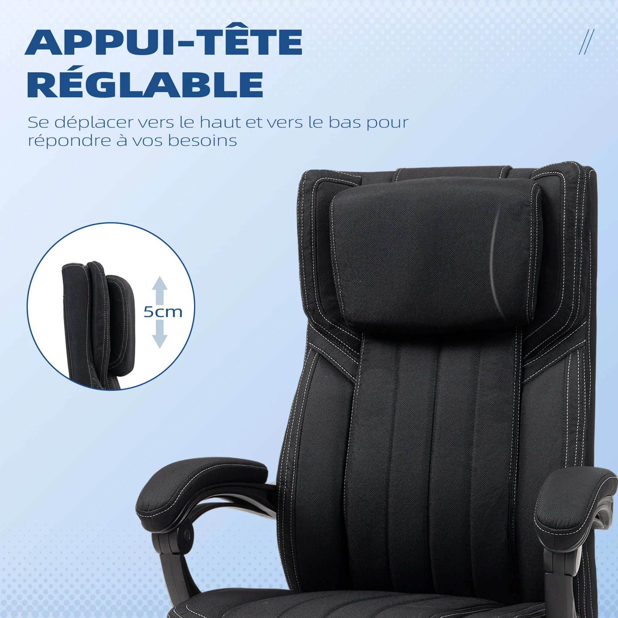 Chaise bureau fauteuil de bureau chaise ergonomique hauteur réglable dossier inclinable accoudoirs repose-pieds et appui-tête siège de bureau à roulettes pivotantes 65x61x105-113cm noir - Image 7