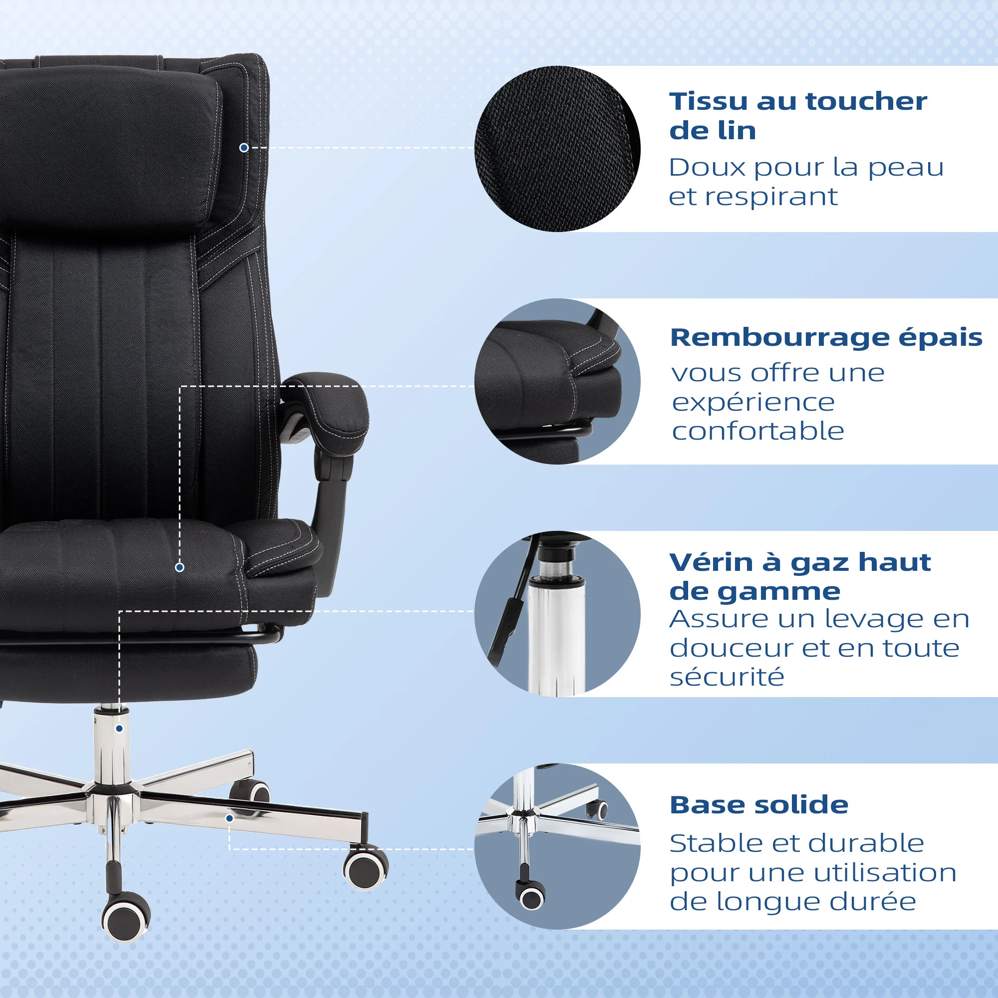 Chaise bureau fauteuil de bureau chaise ergonomique hauteur réglable dossier inclinable accoudoirs repose-pieds et appui-tête siège de bureau à roulettes pivotantes 65x61x105-113cm noir - Image 9
