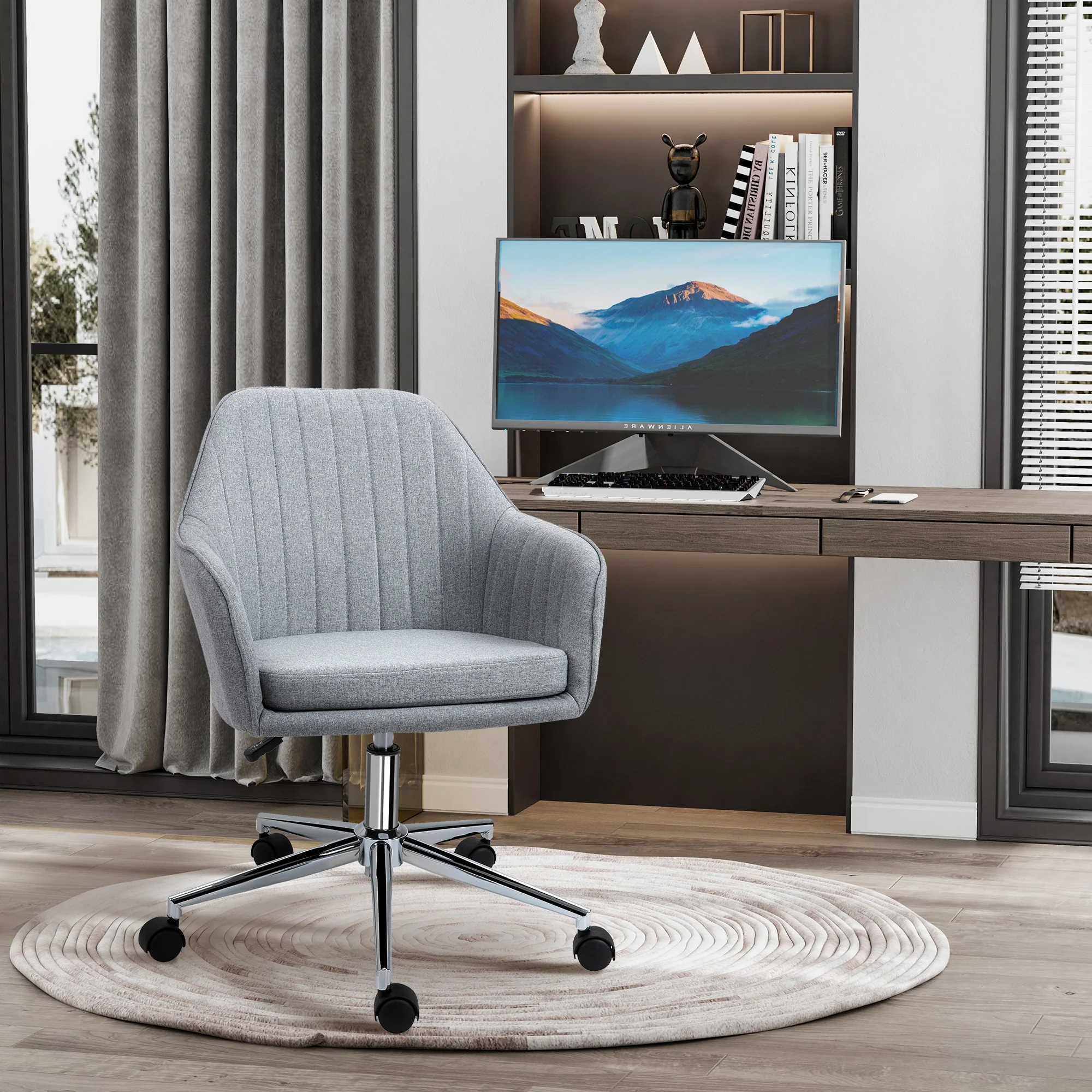 Chaise de bureau design contemporain dossier accoudoirs striés hauteur réglable pivotant 360° piètement chromé lin gris clair - Image 3