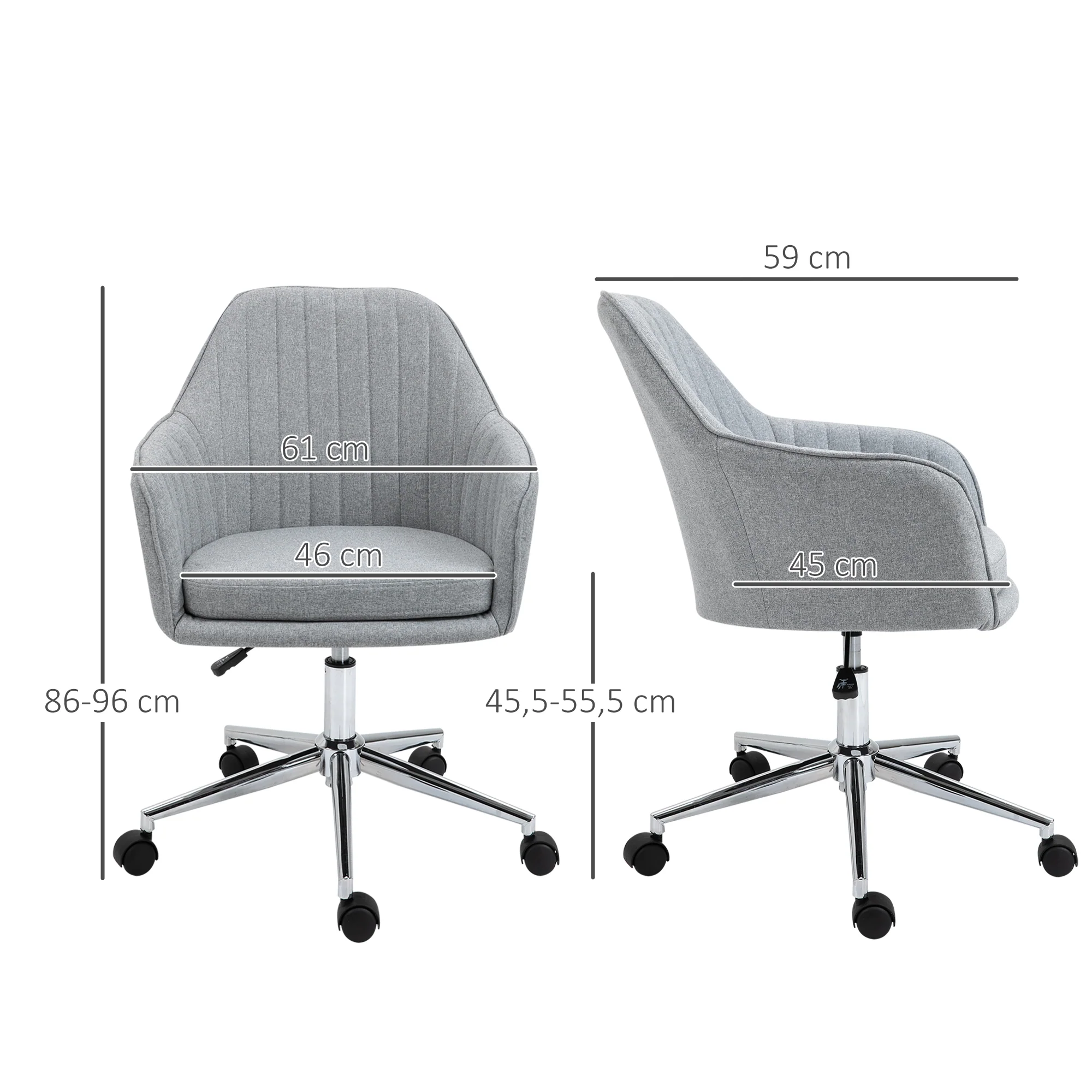Chaise de bureau design contemporain dossier accoudoirs striés hauteur réglable pivotant 360° piètement chromé lin gris clair - Image 4