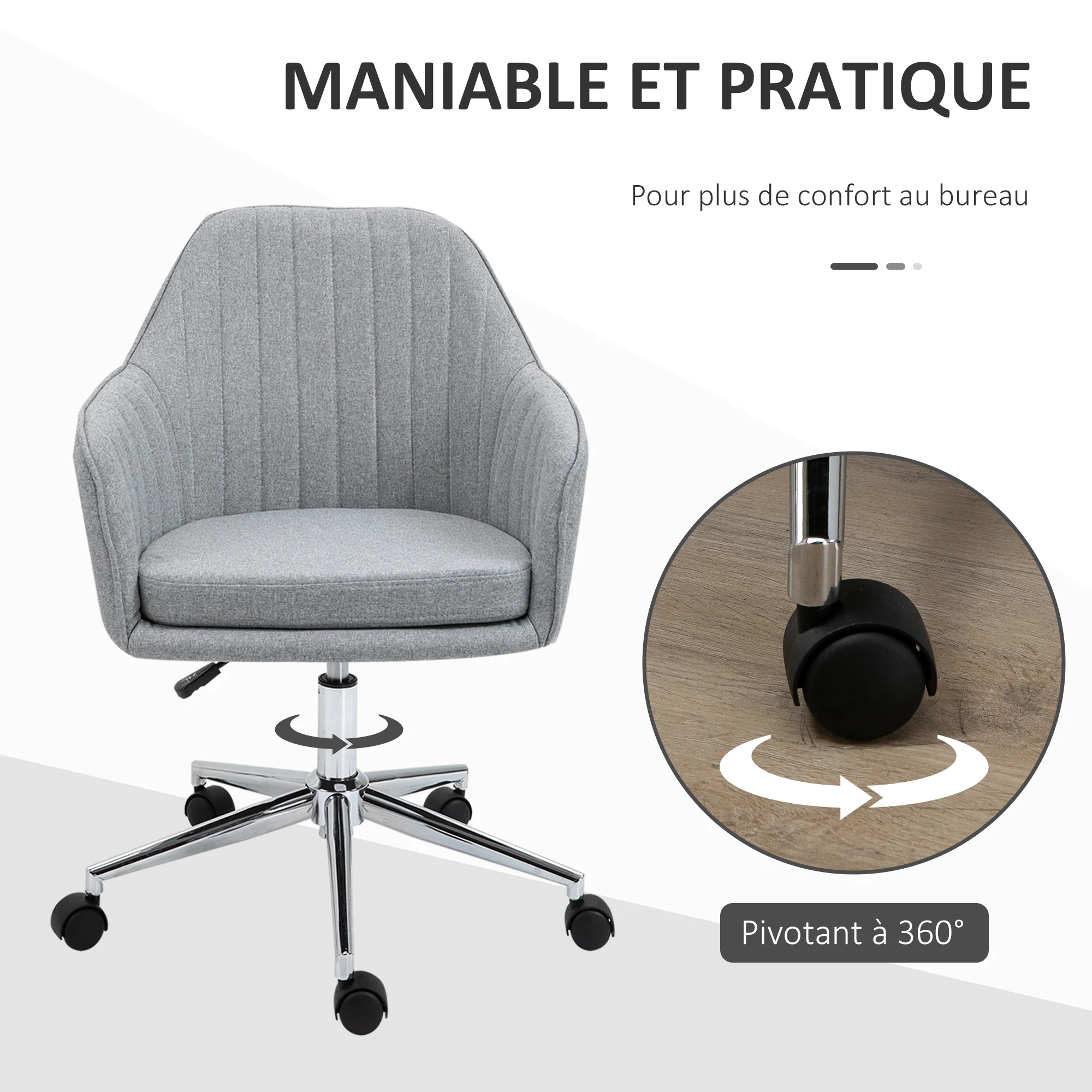 Chaise de bureau design contemporain dossier accoudoirs striés hauteur réglable pivotant 360° piètement chromé lin gris clair - Image 6