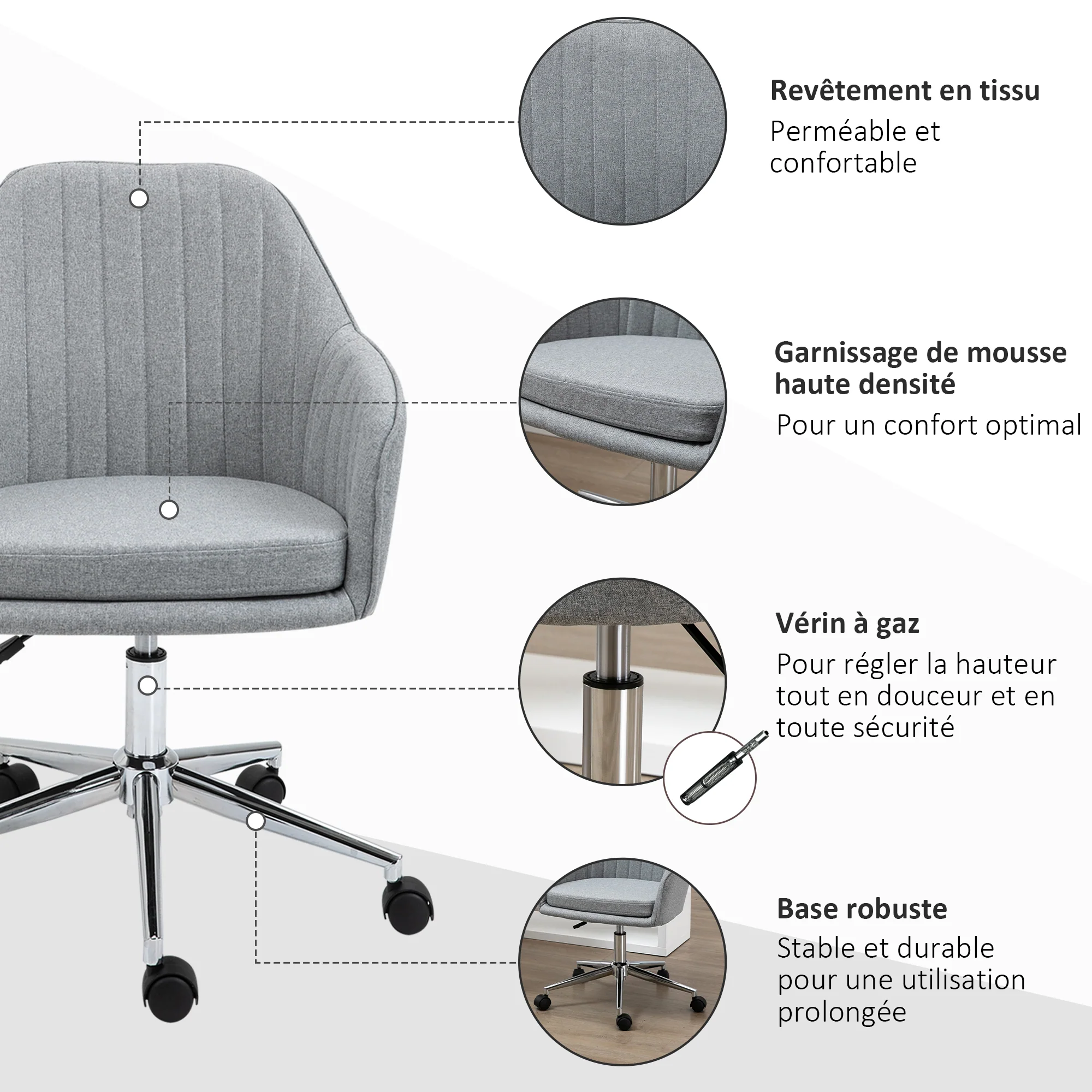 Chaise de bureau design contemporain dossier accoudoirs striés hauteur réglable pivotant 360° piètement chromé lin gris clair - Image 7