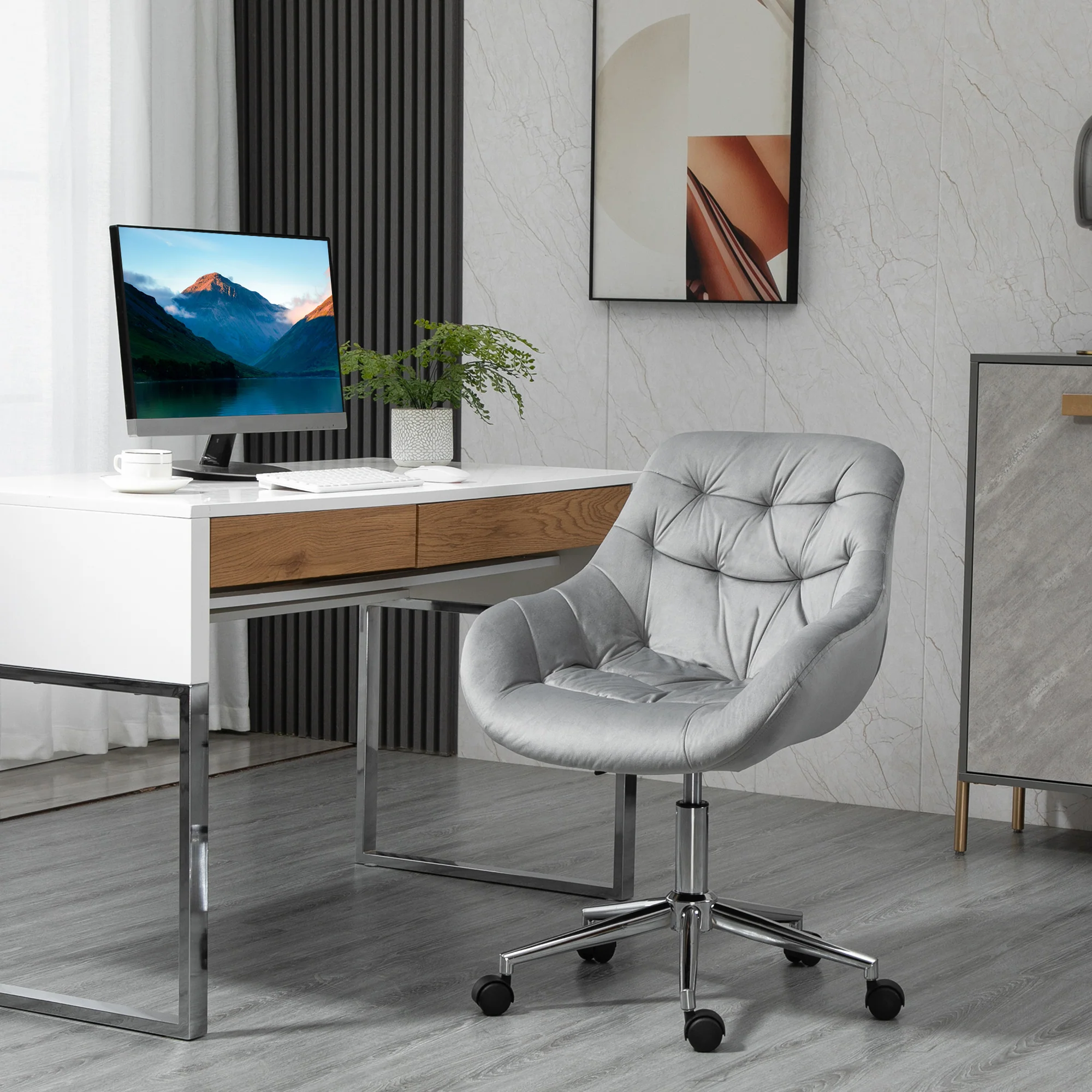 Chaise de bureau design contemporain pivotante 360° ergonomique hauteur réglable revêtement capitonné velours grand confort 59 x 58 x 90 cm gris - Image 3
