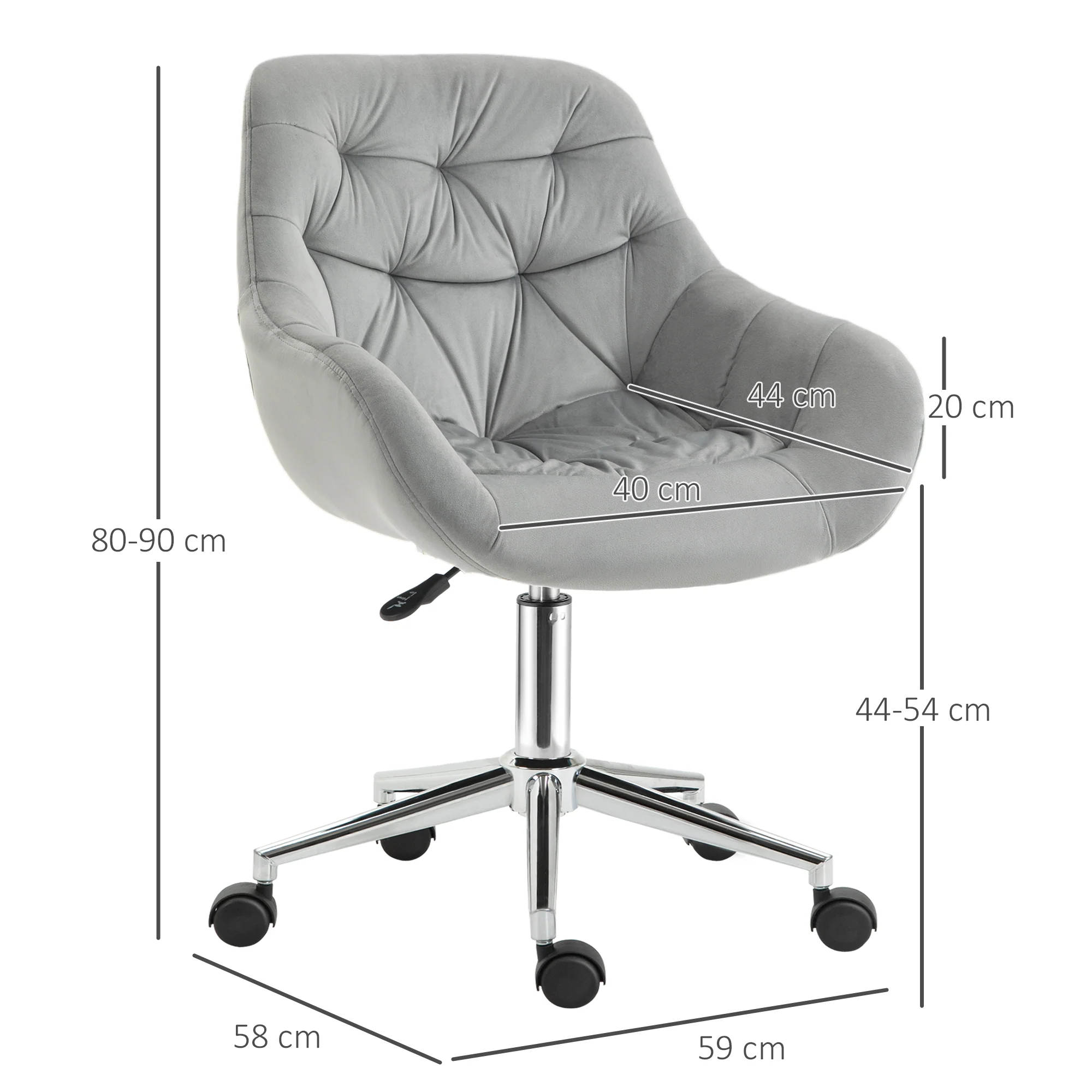 Chaise de bureau design contemporain pivotante 360° ergonomique hauteur réglable revêtement capitonné velours grand confort 59 x 58 x 90 cm gris - Image 4