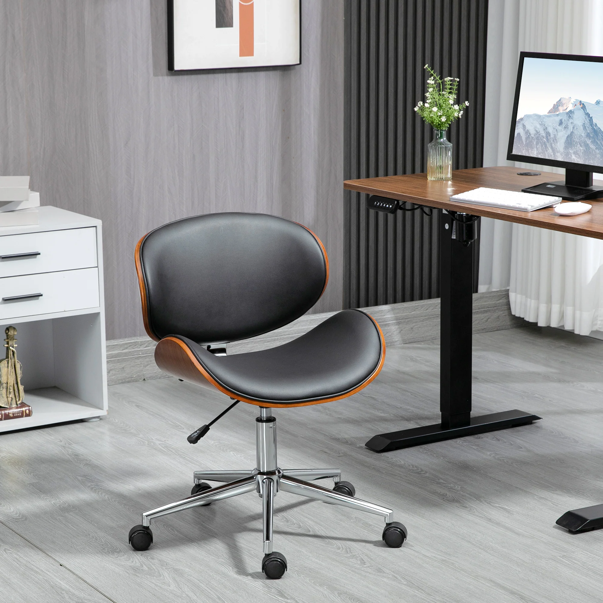 Chaise de bureau design vintage hauteur réglable siège pivotant 360° piètement chromé Bois peuplier revêtement synthétique 53L x 53P x 77-87H cm noir - Image 3