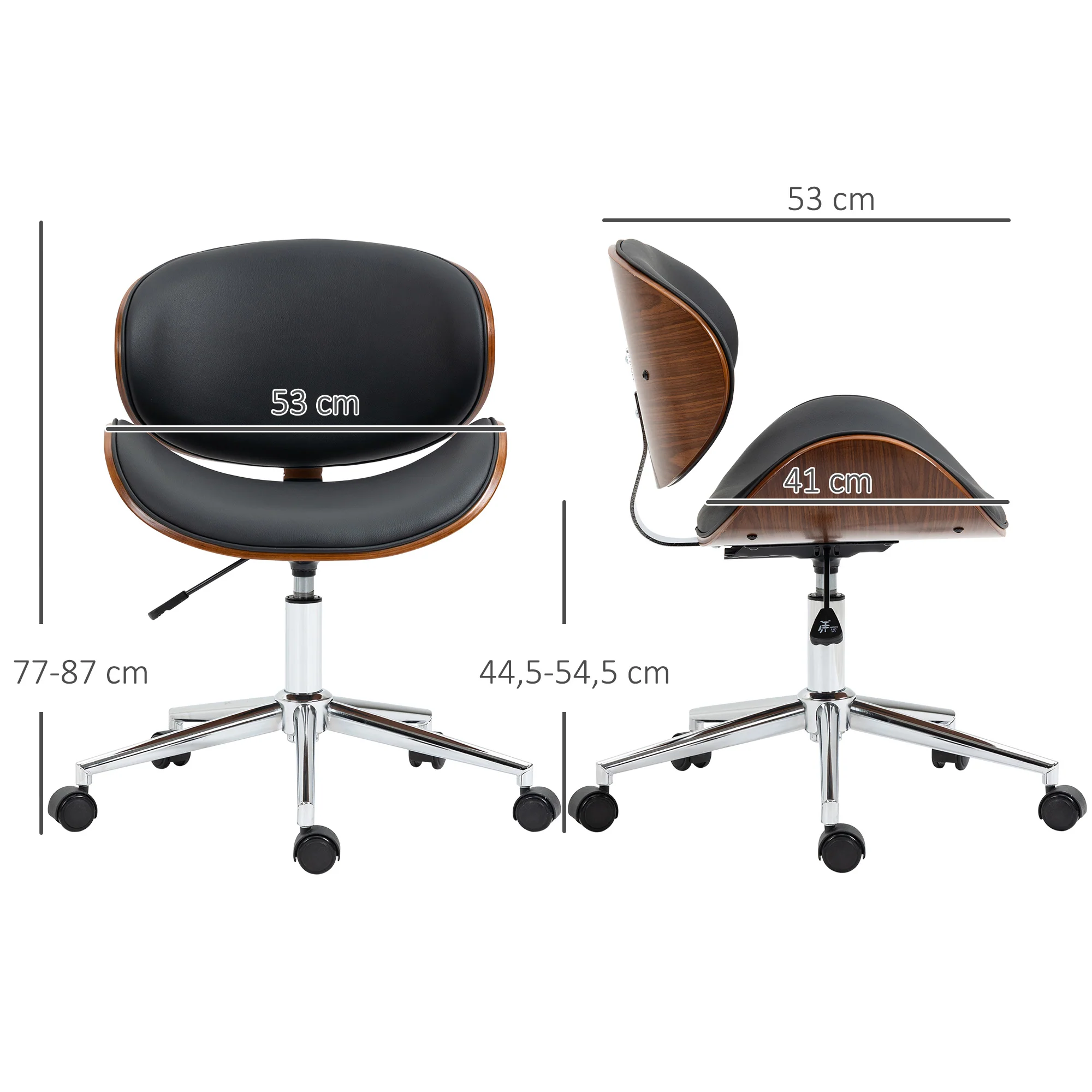 Chaise de bureau design vintage hauteur réglable siège pivotant 360° piètement chromé Bois peuplier revêtement synthétique 53L x 53P x 77-87H cm noir - Image 4