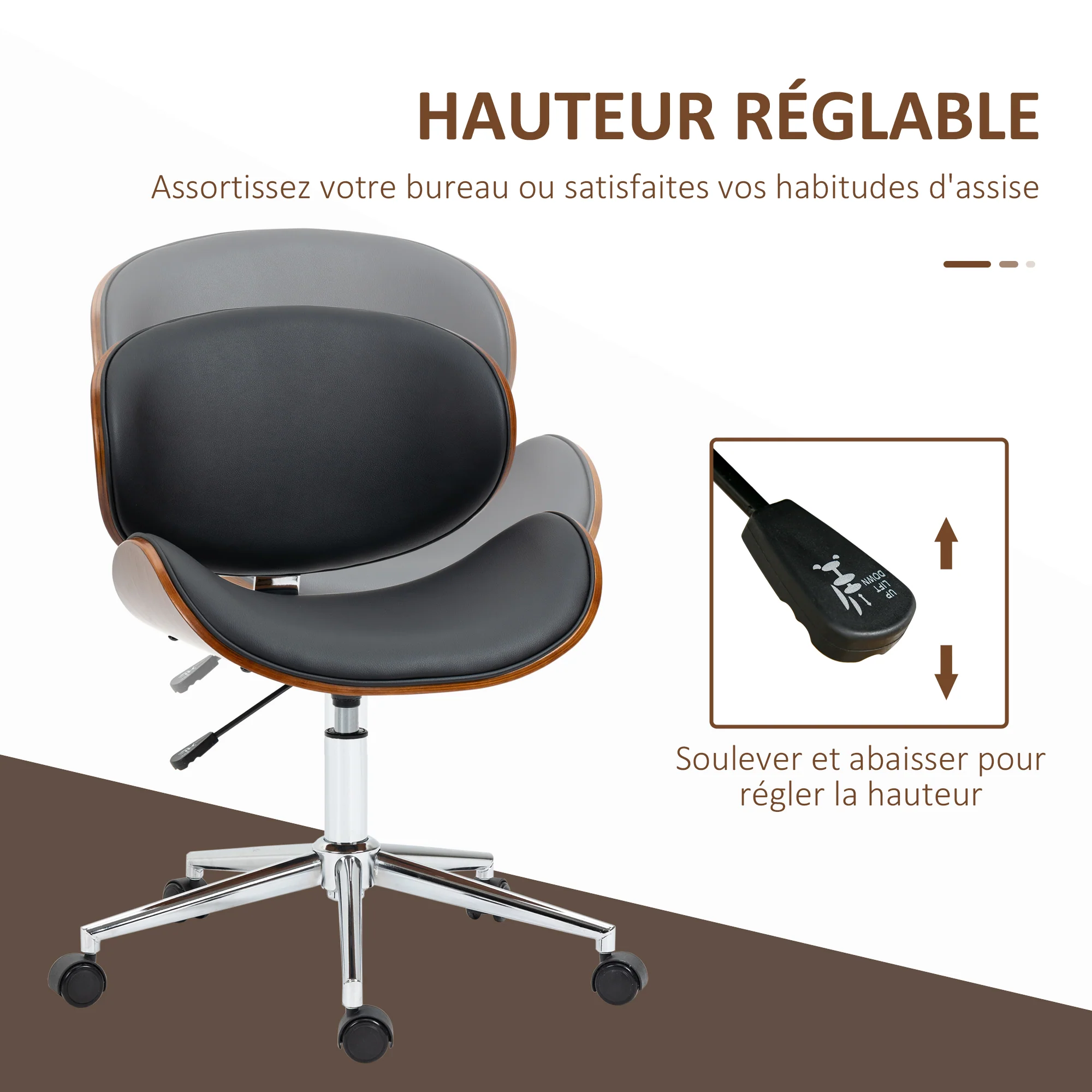 Chaise de bureau design vintage hauteur réglable siège pivotant 360° piètement chromé Bois peuplier revêtement synthétique 53L x 53P x 77-87H cm noir - Image 5