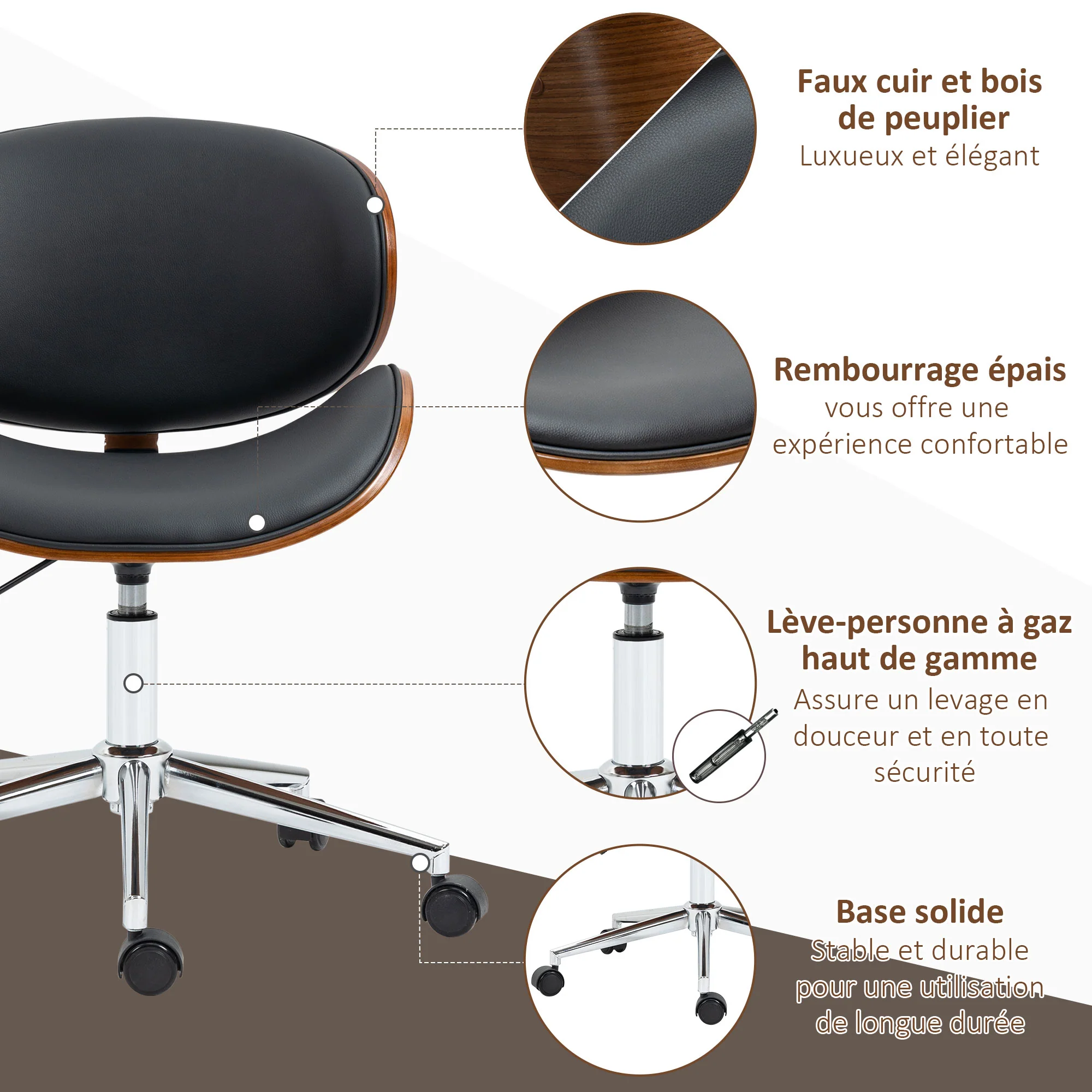 Chaise de bureau design vintage hauteur réglable siège pivotant 360° piètement chromé Bois peuplier revêtement synthétique 53L x 53P x 77-87H cm noir - Image 8