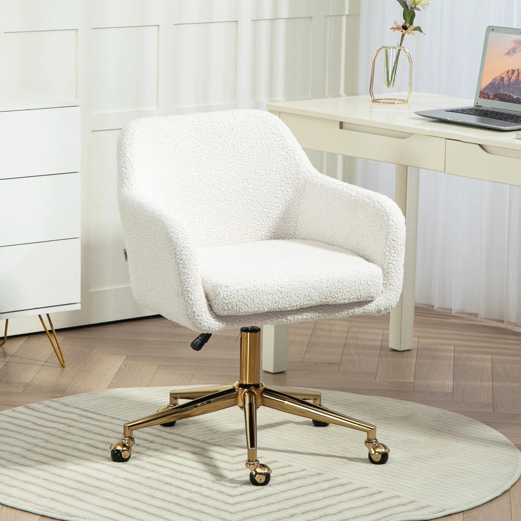 Chaise de bureau, fauteuil de bureau, avec roulettes, hauteur réglable, assise pivotante à 360°, charge 120 kg, crème - Image 3