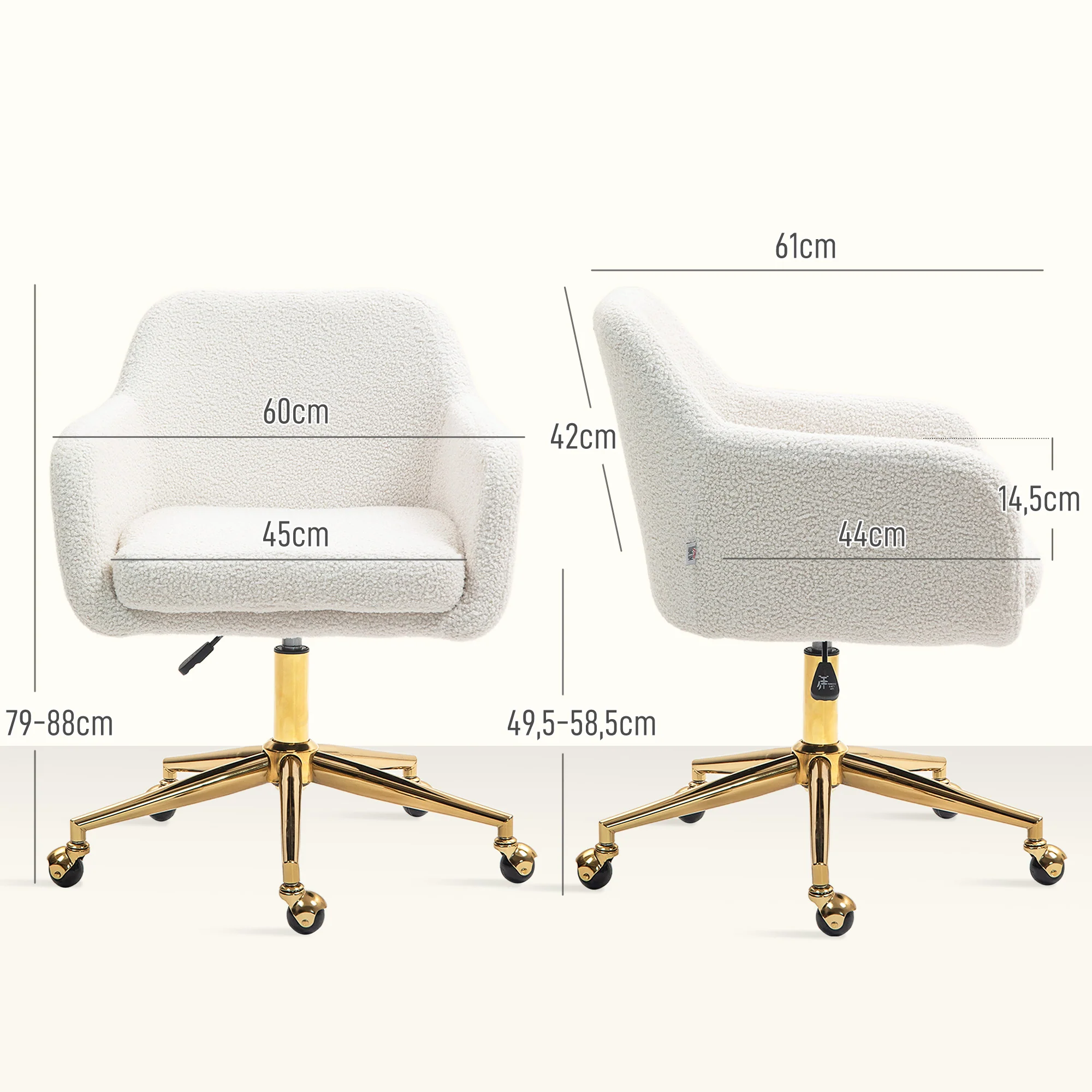 Chaise de bureau, fauteuil de bureau, avec roulettes, hauteur réglable, assise pivotante à 360°, charge 120 kg, crème - Image 4