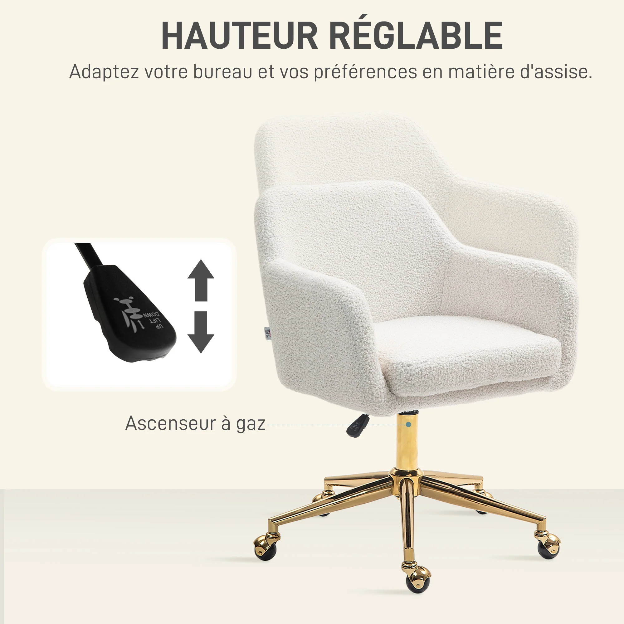 Chaise de bureau, fauteuil de bureau, avec roulettes, hauteur réglable, assise pivotante à 360°, charge 120 kg, crème - Image 6