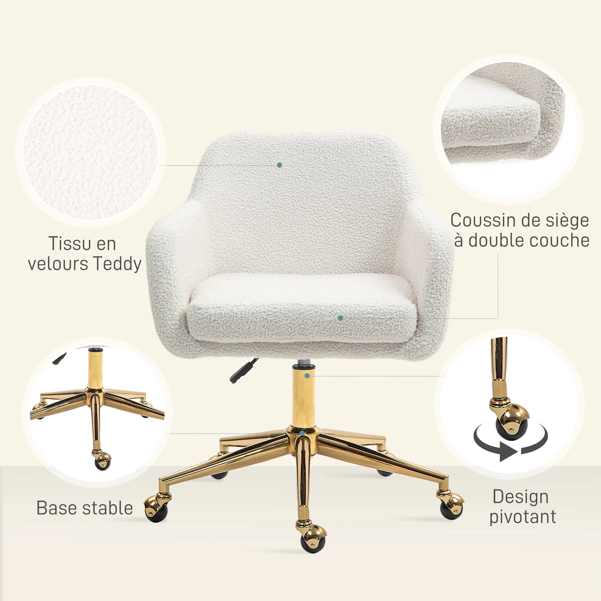 Chaise de bureau, fauteuil de bureau, avec roulettes, hauteur réglable, assise pivotante à 360°, charge 120 kg, crème - Image 7