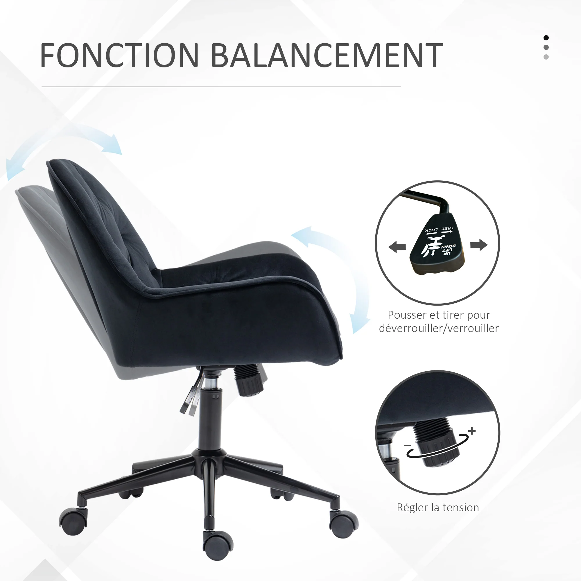 Chaise de bureau, fauteuil de bureau en aspect velours, siège pivotant à 360°, réglable en hauteur, dossier arrondi chaise ergonomique charge 120 kg pour chambre, salon, noir - Image 6