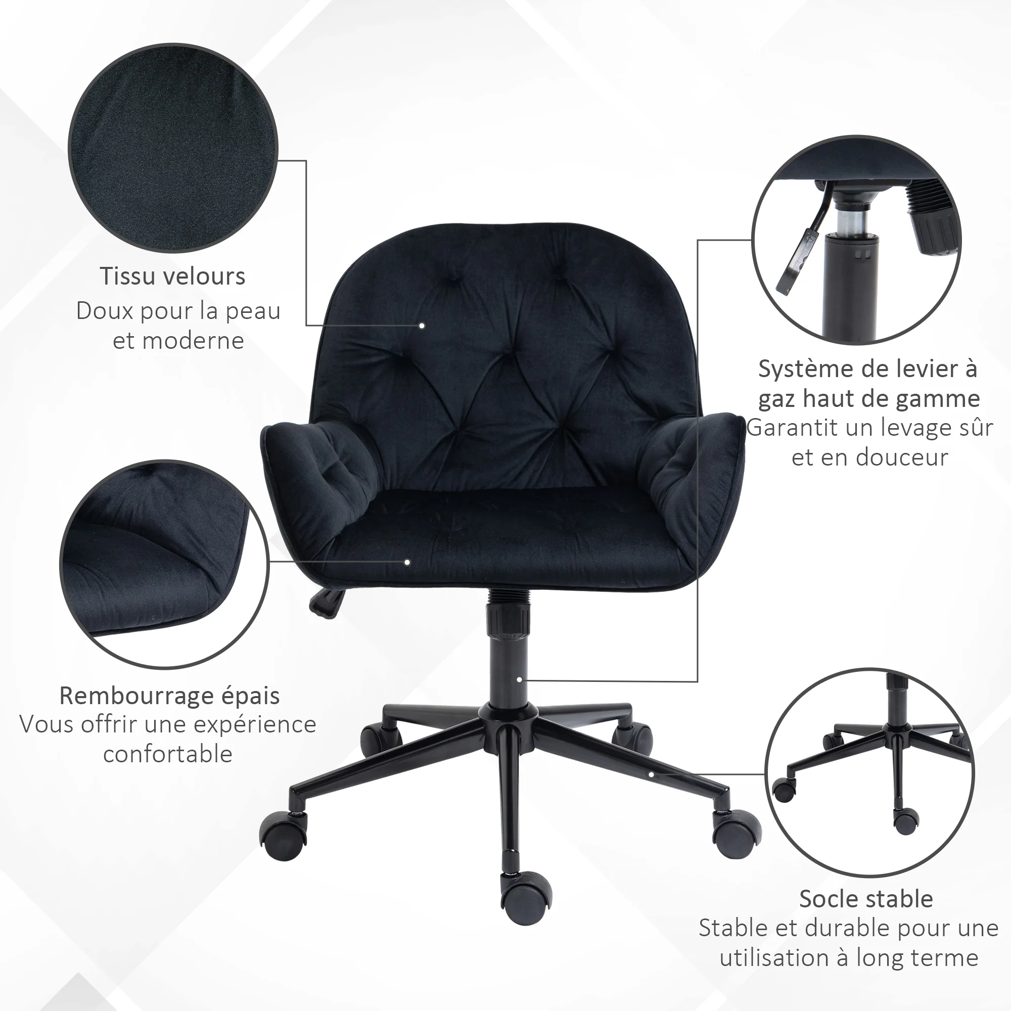 Chaise de bureau, fauteuil de bureau en aspect velours, siège pivotant à 360°, réglable en hauteur, dossier arrondi chaise ergonomique charge 120 kg pour chambre, salon, noir - Image 8