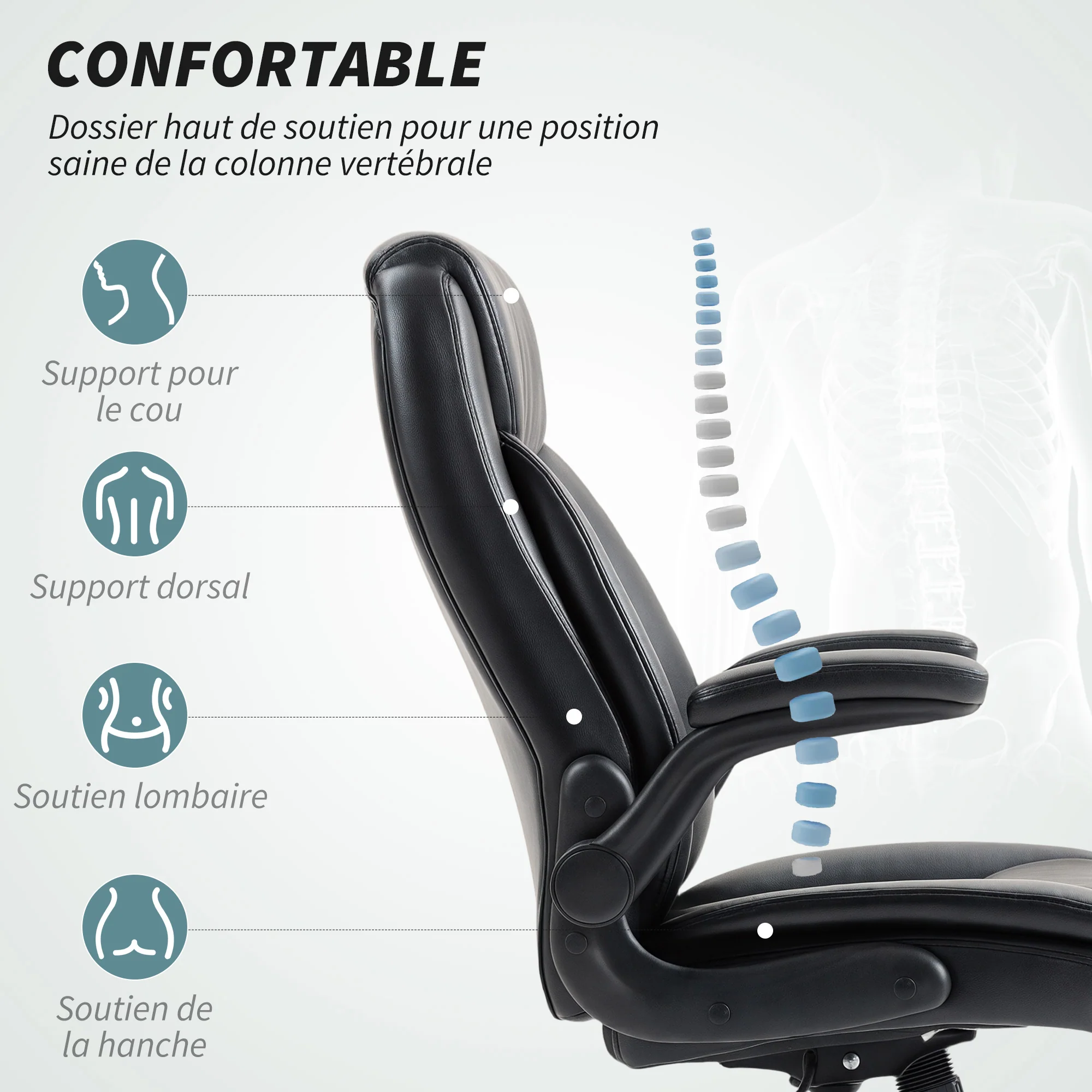 Chaise de bureau, fauteuil de bureau ergonomique avec accoudoirs relevables, hauteur réglable, fonction de bascule et pivotant à 360°, cuir synthétique, pour chambre, télétravail, noir - Image 5