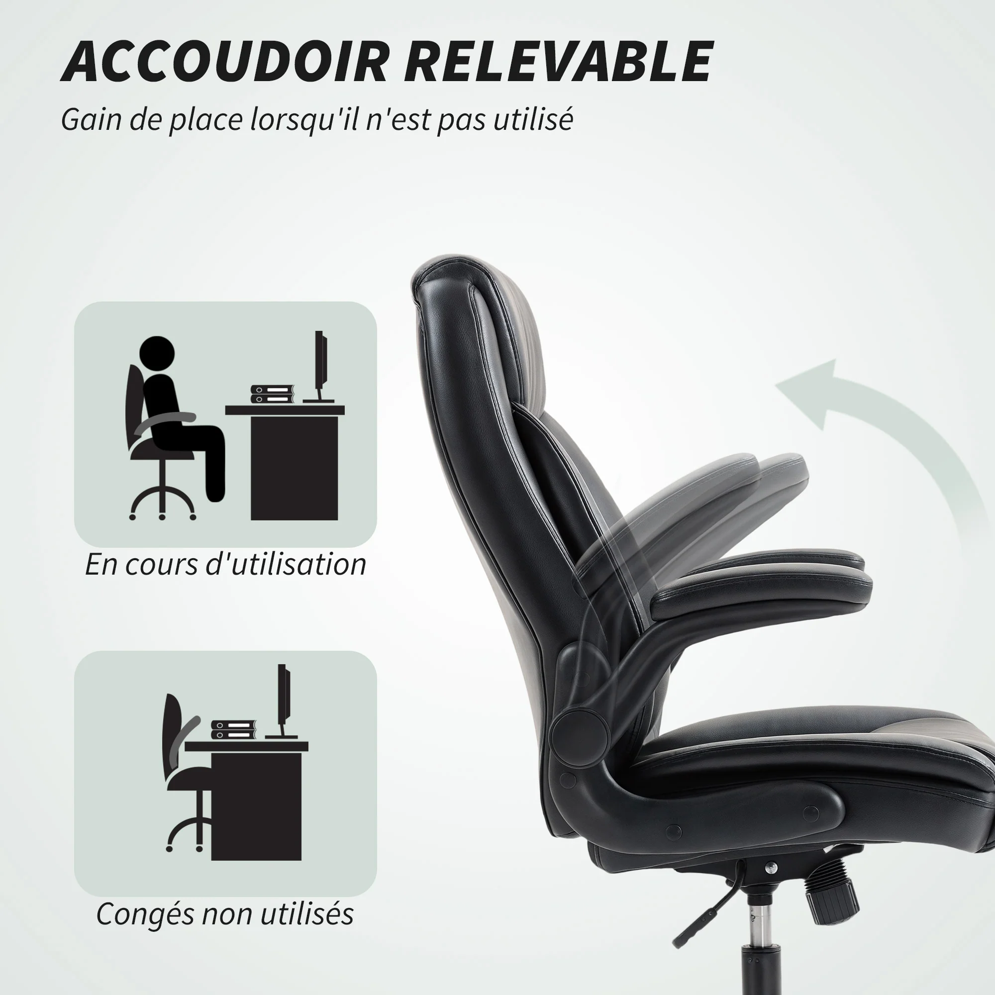 Chaise de bureau, fauteuil de bureau ergonomique avec accoudoirs relevables, hauteur réglable, fonction de bascule et pivotant à 360°, cuir synthétique, pour chambre, télétravail, noir - Image 7
