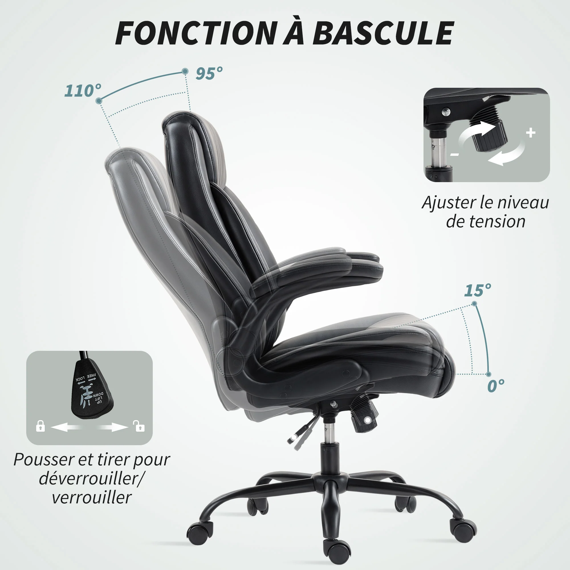 Chaise de bureau, fauteuil de bureau ergonomique avec accoudoirs relevables, hauteur réglable, fonction de bascule et pivotant à 360°, cuir synthétique, pour chambre, télétravail, noir - Image 8