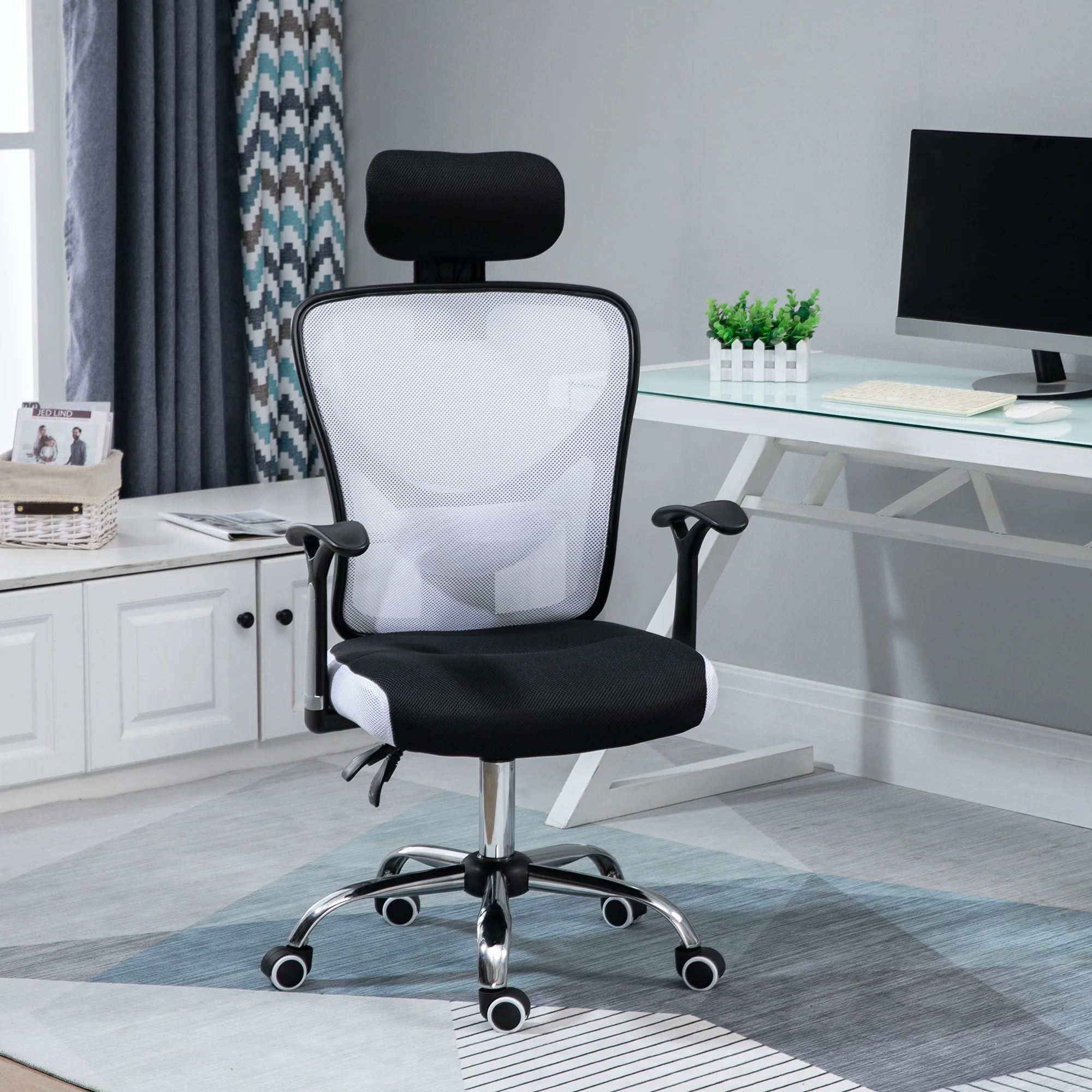 Chaise de bureau, fauteuil de bureau ergonomique en maille avec hauteur et appui-tête réglable, dossier inclinable et support lombaire, pour chambre, télétravail, charge 120 Kg, noir et blanc - Image 11
