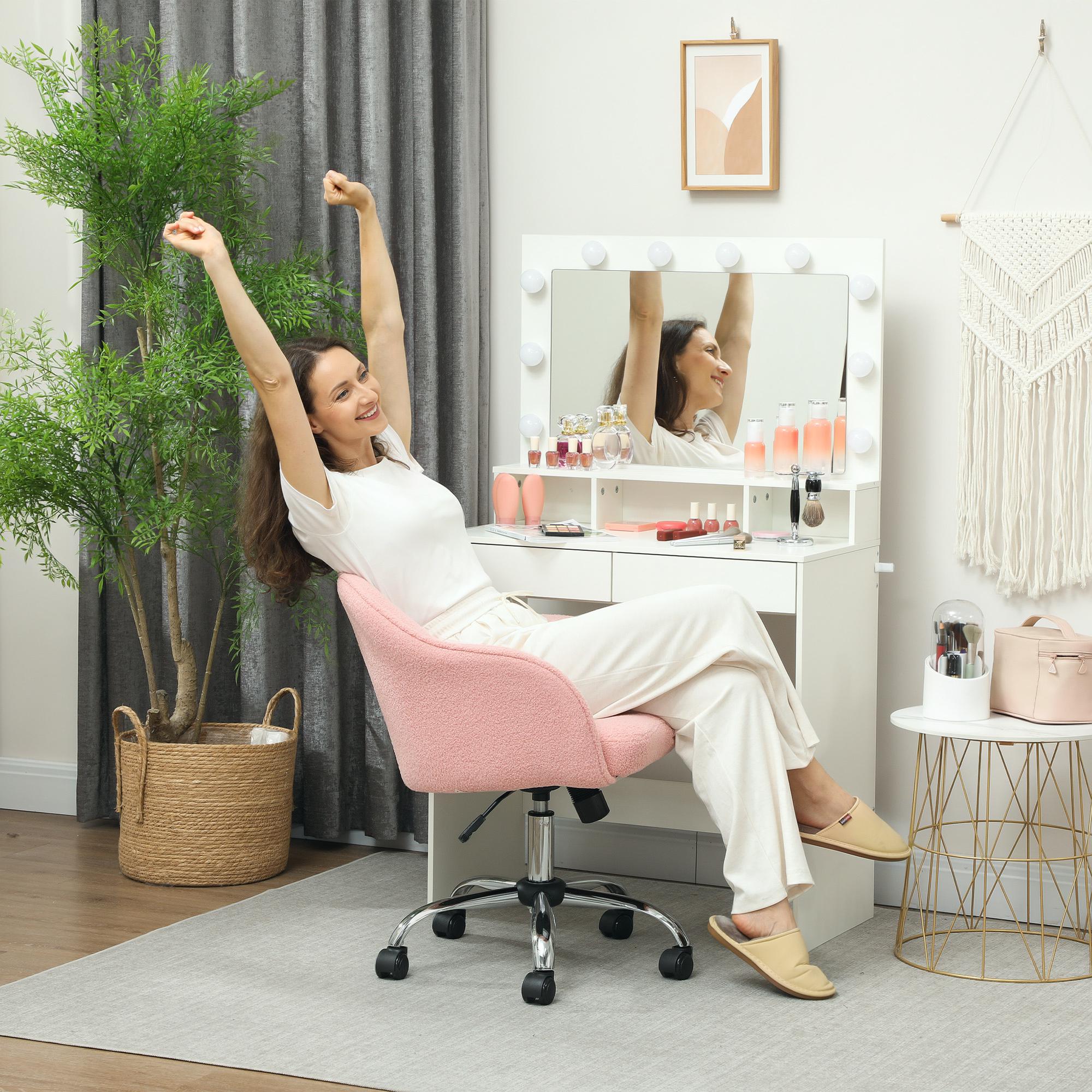 Chaise de bureau, fauteuil de bureau ergonomique en peluche Teddy, hauteur réglable, assise et dossier rembourrés, pivotant 360°, design moderne, pour bureau, chambre, rose - Image 3
