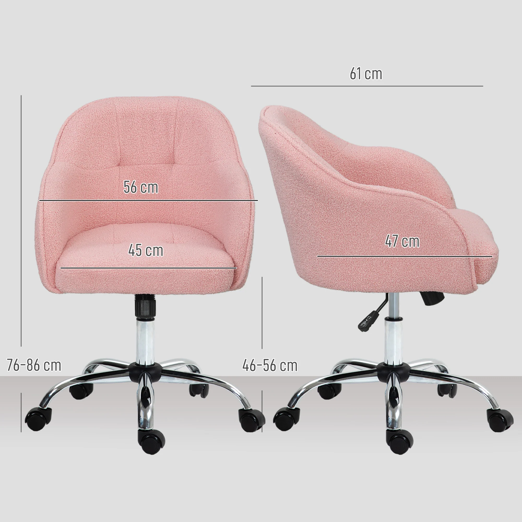 Chaise de bureau, fauteuil de bureau ergonomique en peluche Teddy, hauteur réglable, assise et dossier rembourrés, pivotant 360°, design moderne, pour bureau, chambre, rose - Image 4