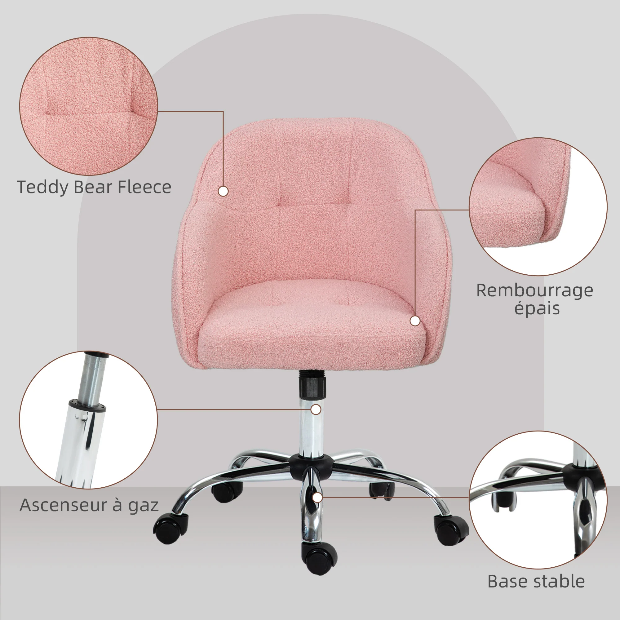 Chaise de bureau, fauteuil de bureau ergonomique en peluche Teddy, hauteur réglable, assise et dossier rembourrés, pivotant 360°, design moderne, pour bureau, chambre, rose - Image 7